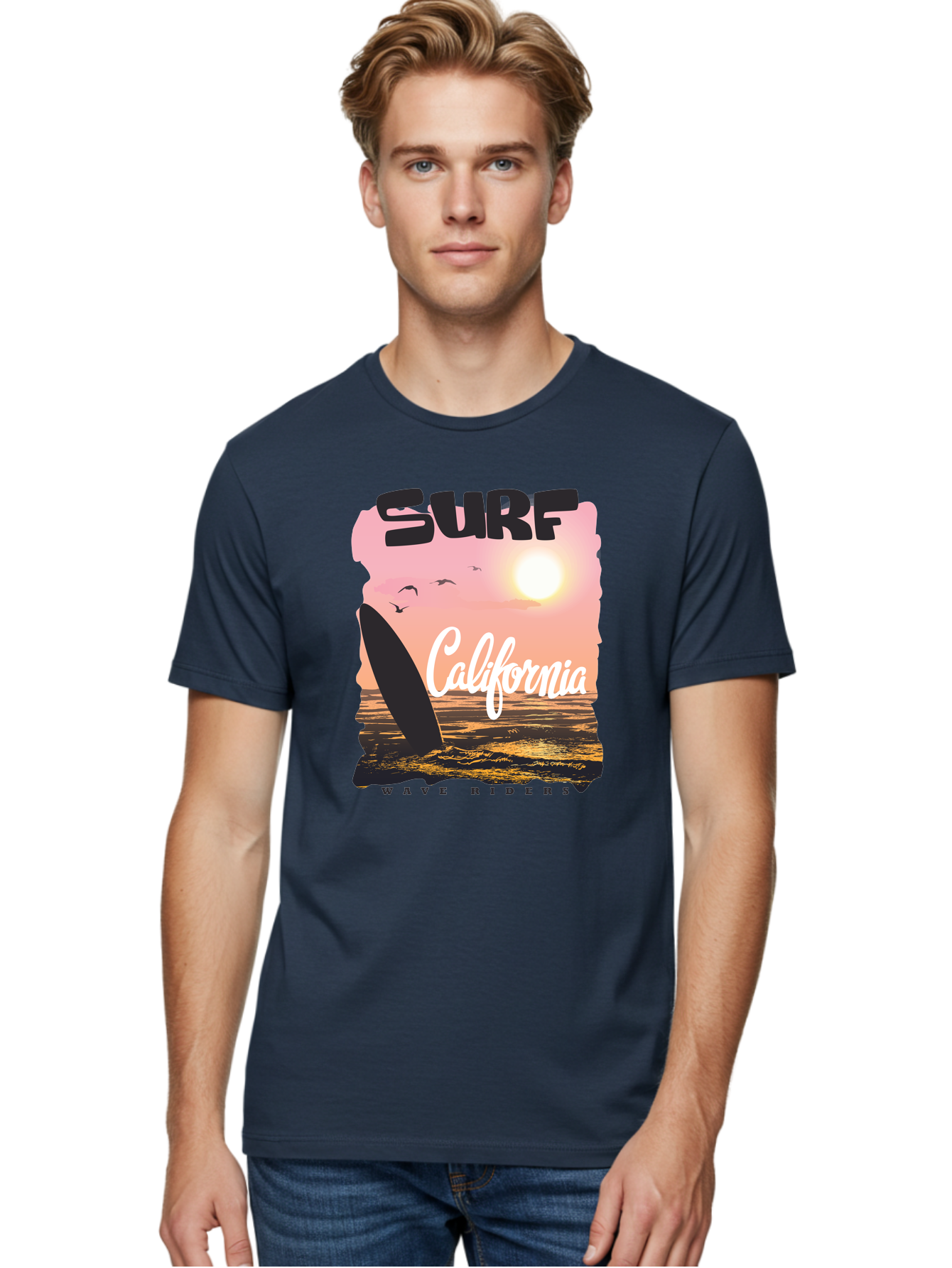 Surf-California Men'S Graphic Tee, 100% Cotton, Comfortable Casual Summer Wear, Machine Washable, Surfing In California, Wave Riders, Beach Life, Surfers Paradise, Coastal Scenery, Sunset Over The Ocean, Seagulls Flying, Aac372