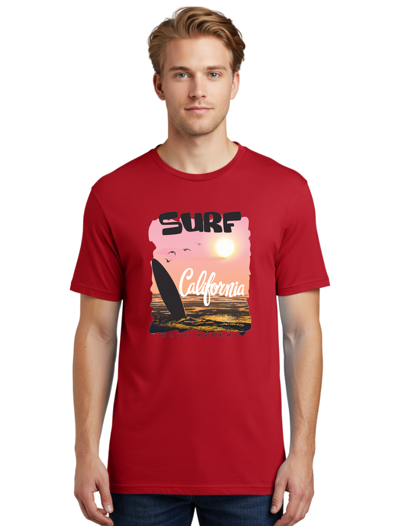 Surf-California Men'S Graphic Tee, 100% Cotton, Comfortable Casual Summer Wear, Machine Washable, Surfing In California, Wave Riders, Beach Life, Surfers Paradise, Coastal Scenery, Sunset Over The Ocean, Seagulls Flying, Aac372