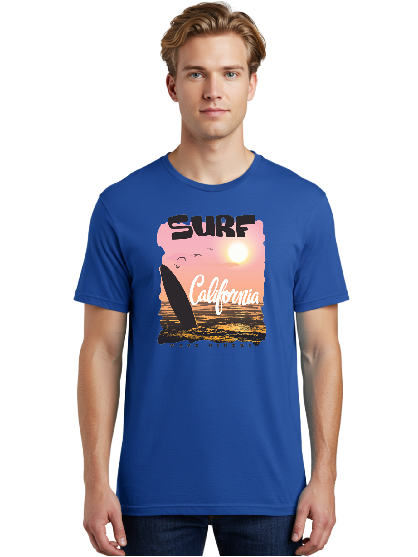 Surf-California Men'S Graphic Tee, 100% Cotton, Comfortable Casual Summer Wear, Machine Washable, Surfing In California, Wave Riders, Beach Life, Surfers Paradise, Coastal Scenery, Sunset Over The Ocean, Seagulls Flying, Aac372