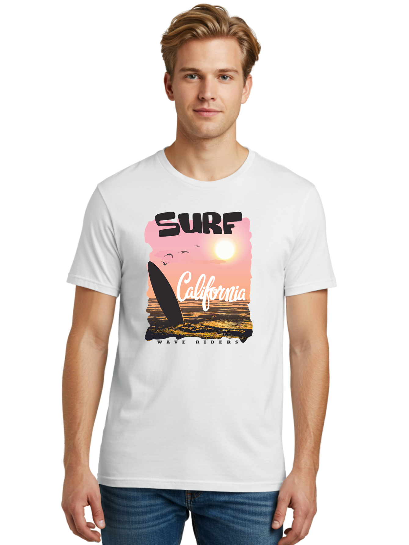 Surf-California Men'S Graphic Tee, 100% Cotton, Comfortable Casual Summer Wear, Machine Washable, Surfing In California, Wave Riders, Beach Life, Surfers Paradise, Coastal Scenery, Sunset Over The Ocean, Seagulls Flying, Aac372