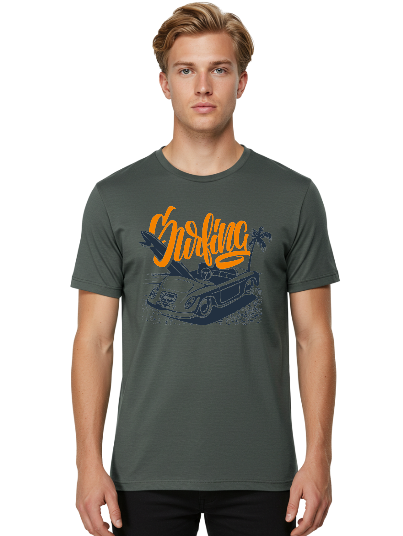 Surfing Men'S Graphic Tee, 100% Cotton, Comfortable Casual Summer Wear, Machine Washable, Vintage Convertible Car, Surfing Culture, Beach Lifestyle, Retro Style, Surfboard On Car, Palm Tree, Summer Fun, Surf Vibes, Classic Automobile Aac373