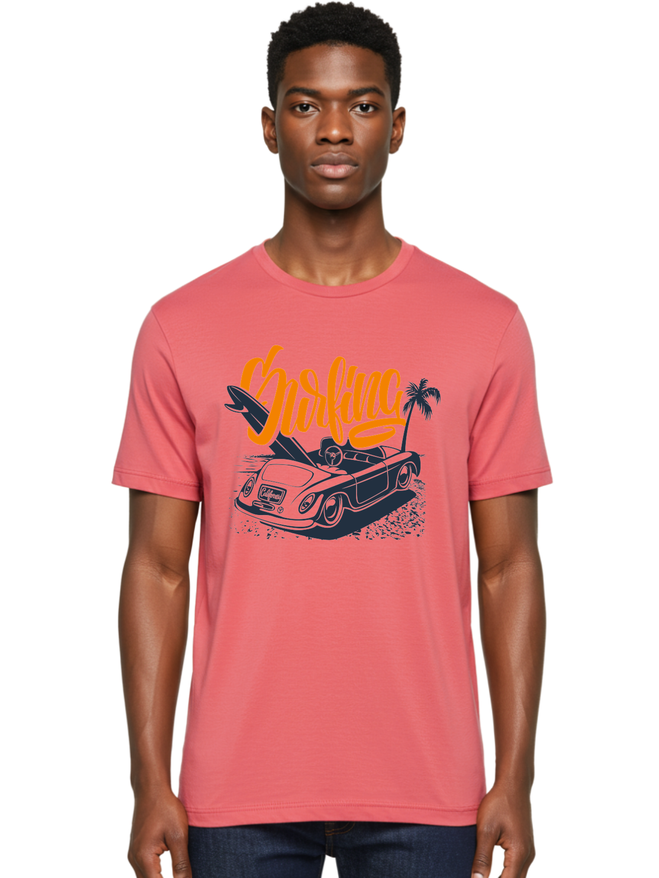 Surfing Men'S Graphic Tee, 100% Cotton, Comfortable Casual Summer Wear, Machine Washable, Vintage Convertible Car, Surfing Culture, Beach Lifestyle, Retro Style, Surfboard On Car, Palm Tree, Summer Fun, Surf Vibes, Classic Automobile Aac373