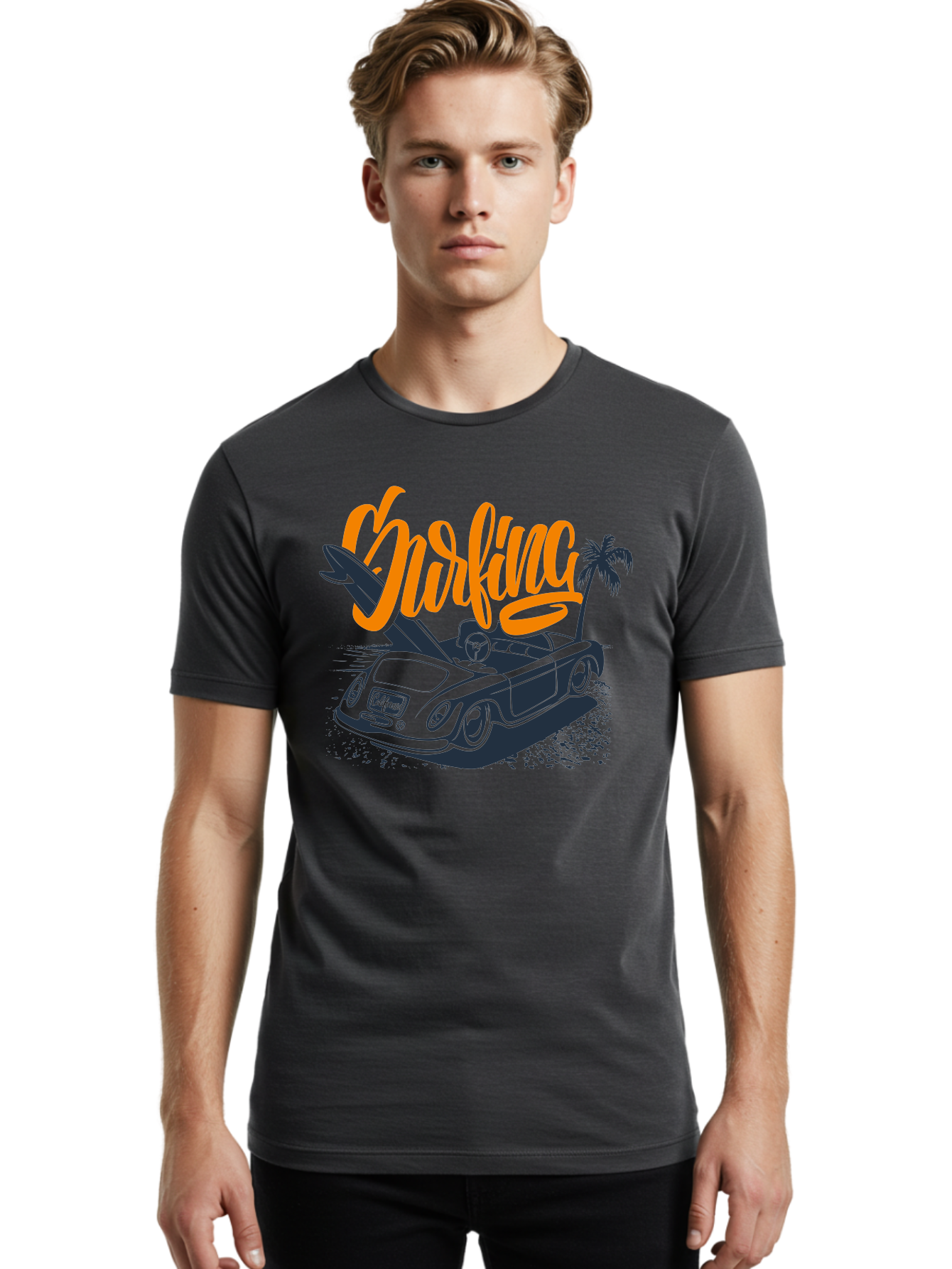 Surfing Men'S Graphic Tee, 100% Cotton, Comfortable Casual Summer Wear, Machine Washable, Vintage Convertible Car, Surfing Culture, Beach Lifestyle, Retro Style, Surfboard On Car, Palm Tree, Summer Fun, Surf Vibes, Classic Automobile Aac373