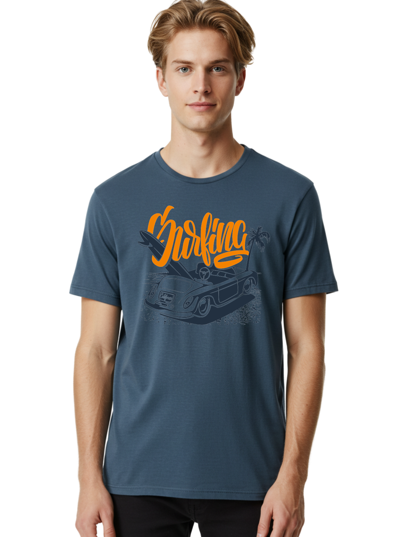 Surfing Men'S Graphic Tee, 100% Cotton, Comfortable Casual Summer Wear, Machine Washable, Vintage Convertible Car, Surfing Culture, Beach Lifestyle, Retro Style, Surfboard On Car, Palm Tree, Summer Fun, Surf Vibes, Classic Automobile Aac373
