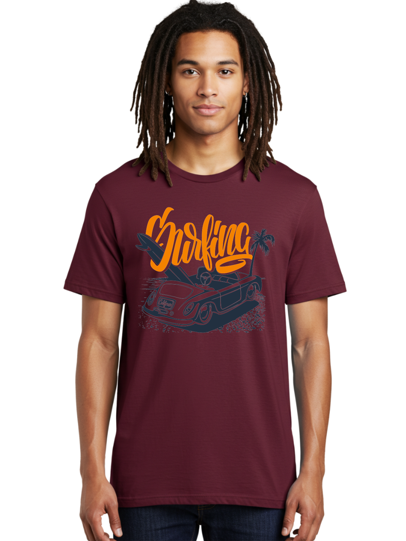 Surfing Men'S Graphic Tee, 100% Cotton, Comfortable Casual Summer Wear, Machine Washable, Vintage Convertible Car, Surfing Culture, Beach Lifestyle, Retro Style, Surfboard On Car, Palm Tree, Summer Fun, Surf Vibes, Classic Automobile Aac373