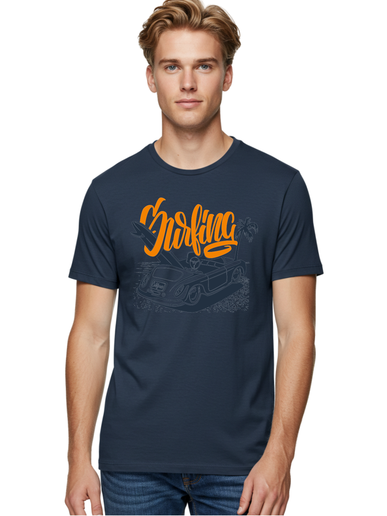 Surfing Men'S Graphic Tee, 100% Cotton, Comfortable Casual Summer Wear, Machine Washable, Vintage Convertible Car, Surfing Culture, Beach Lifestyle, Retro Style, Surfboard On Car, Palm Tree, Summer Fun, Surf Vibes, Classic Automobile Aac373