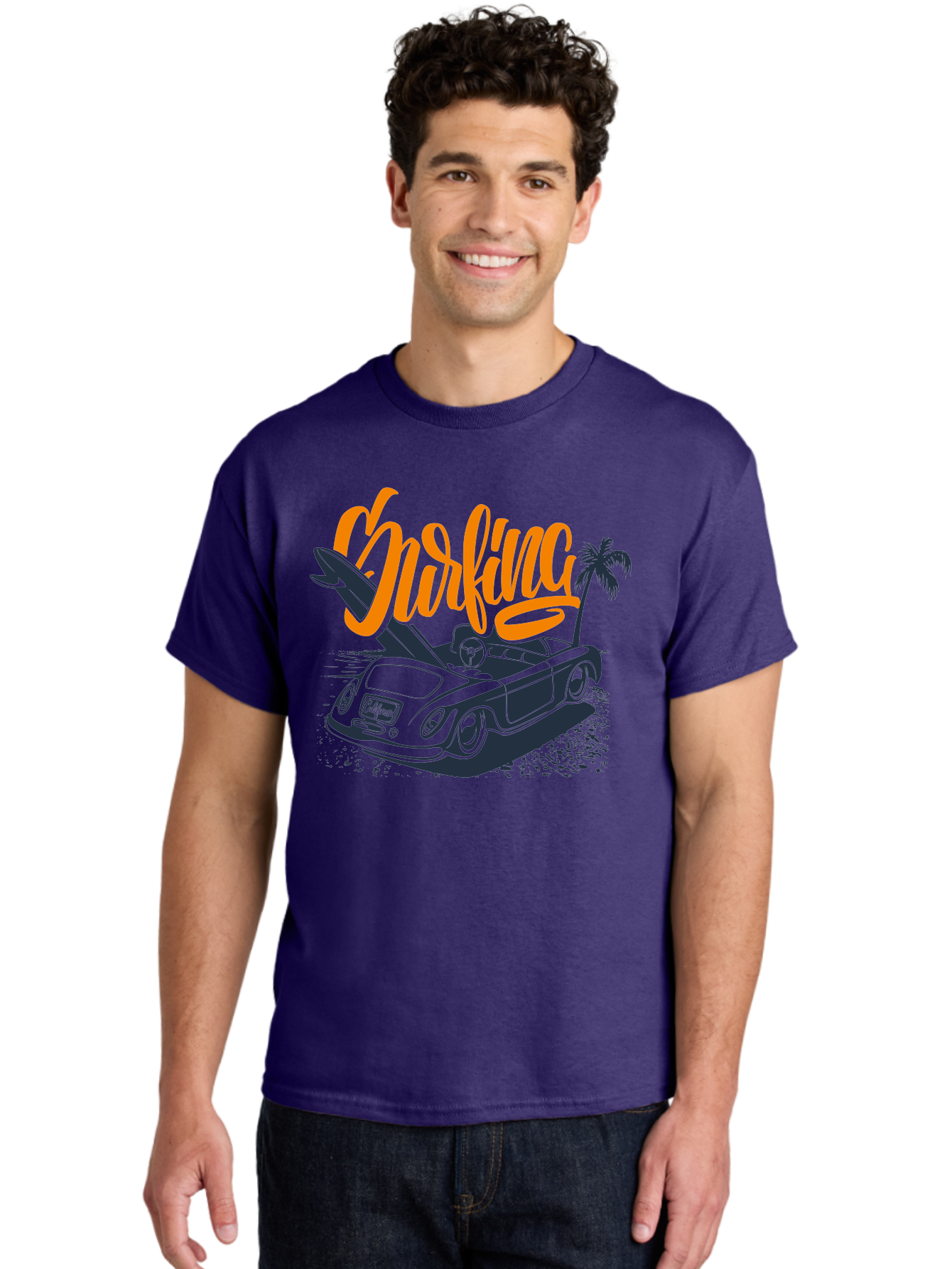Surfing Men'S Graphic Tee, 100% Cotton, Comfortable Casual Summer Wear, Machine Washable, Vintage Convertible Car, Surfing Culture, Beach Lifestyle, Retro Style, Surfboard On Car, Palm Tree, Summer Fun, Surf Vibes, Classic Automobile Aac373