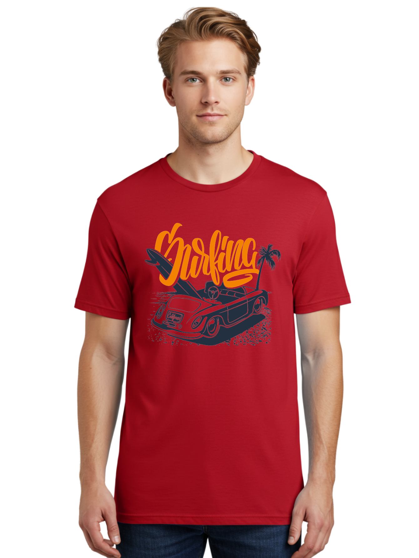 Surfing Men'S Graphic Tee, 100% Cotton, Comfortable Casual Summer Wear, Machine Washable, Vintage Convertible Car, Surfing Culture, Beach Lifestyle, Retro Style, Surfboard On Car, Palm Tree, Summer Fun, Surf Vibes, Classic Automobile Aac373