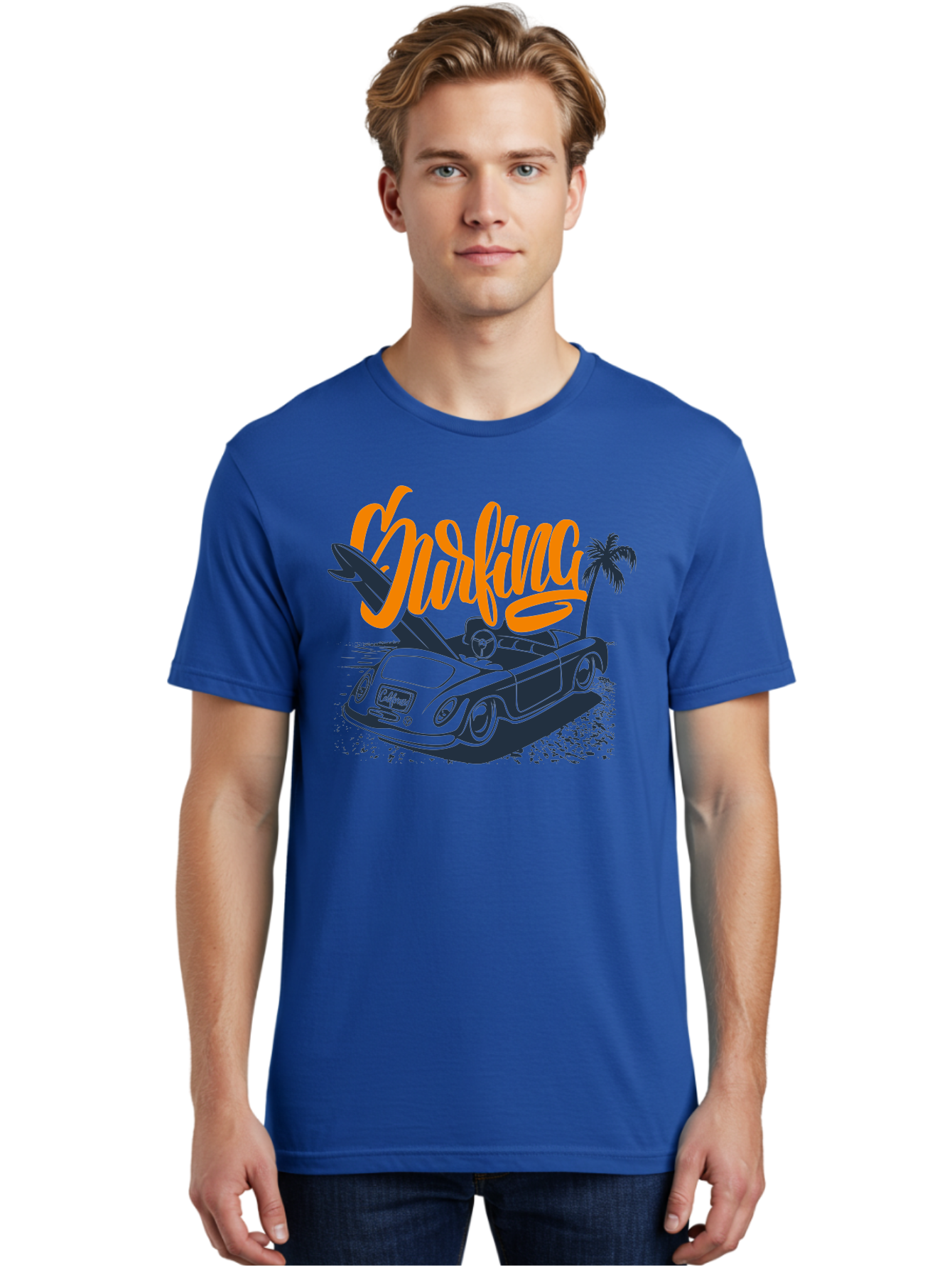 Surfing Men'S Graphic Tee, 100% Cotton, Comfortable Casual Summer Wear, Machine Washable, Vintage Convertible Car, Surfing Culture, Beach Lifestyle, Retro Style, Surfboard On Car, Palm Tree, Summer Fun, Surf Vibes, Classic Automobile Aac373