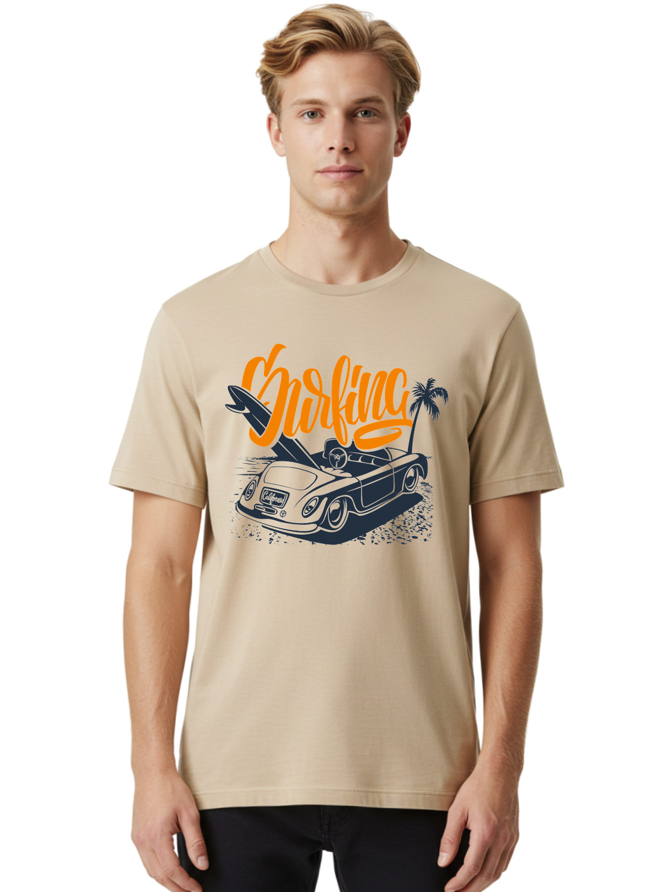 Surfing Men'S Graphic Tee, 100% Cotton, Comfortable Casual Summer Wear, Machine Washable, Vintage Convertible Car, Surfing Culture, Beach Lifestyle, Retro Style, Surfboard On Car, Palm Tree, Summer Fun, Surf Vibes, Classic Automobile Aac373