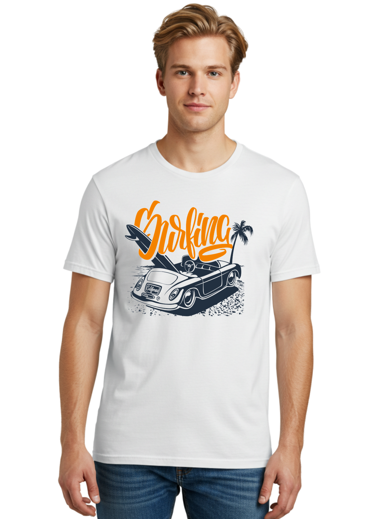 Surfing Men'S Graphic Tee, 100% Cotton, Comfortable Casual Summer Wear, Machine Washable, Vintage Convertible Car, Surfing Culture, Beach Lifestyle, Retro Style, Surfboard On Car, Palm Tree, Summer Fun, Surf Vibes, Classic Automobile Aac373