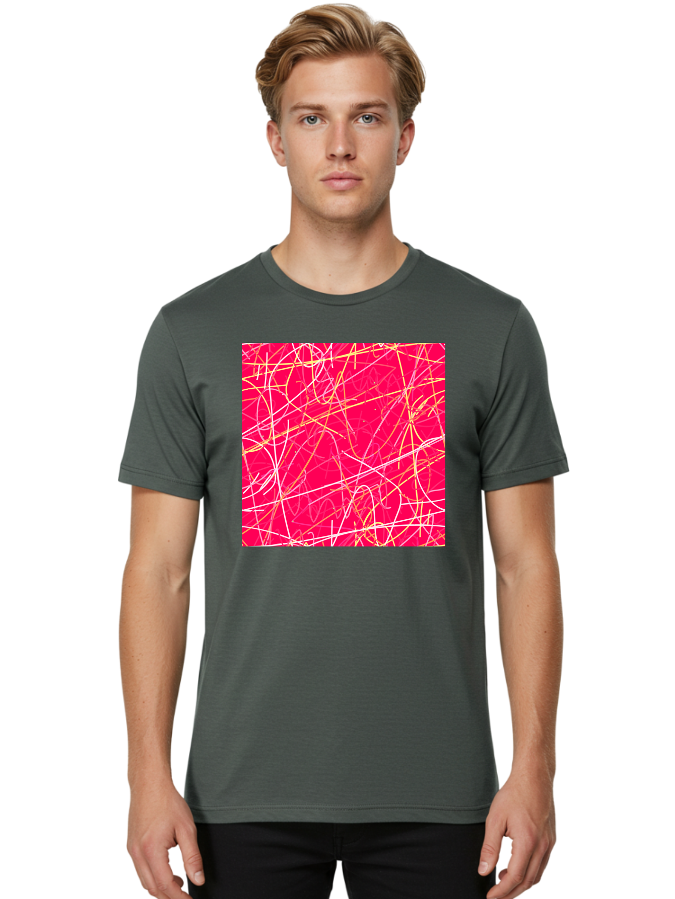 Abstract-Lines Men'S Graphic Tee, 100% Cotton, Comfortable Casual Summer Wear, Machine Washable, Abstract Art, Vibrant Pink Background, Swirling Lines, Dynamic Movement, Modern Design, Artistic Expression, Creative Wallpaper, Digital Art, Aac374