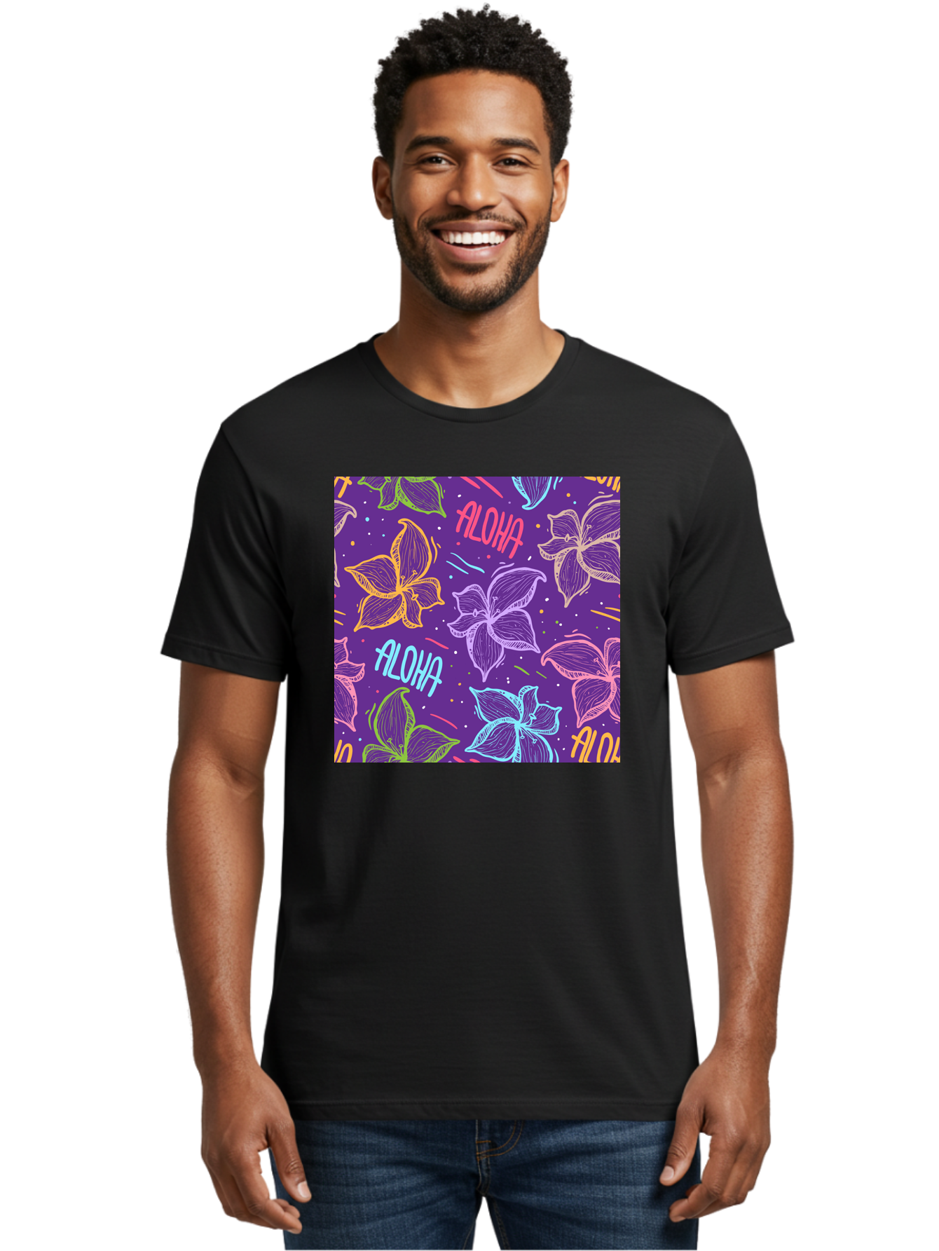 Aloha-Plumeria-Floral Men'S Graphic Tee, 100% Cotton, Comfortable Casual Summer Wear, Machine Washable, Plumeria Flowers, Tropical Flowers, Aloha Text, Colorful Graphics, Festive Design, Hawaiian Theme, Vibrant Colors, Playful Pattern, Aac376