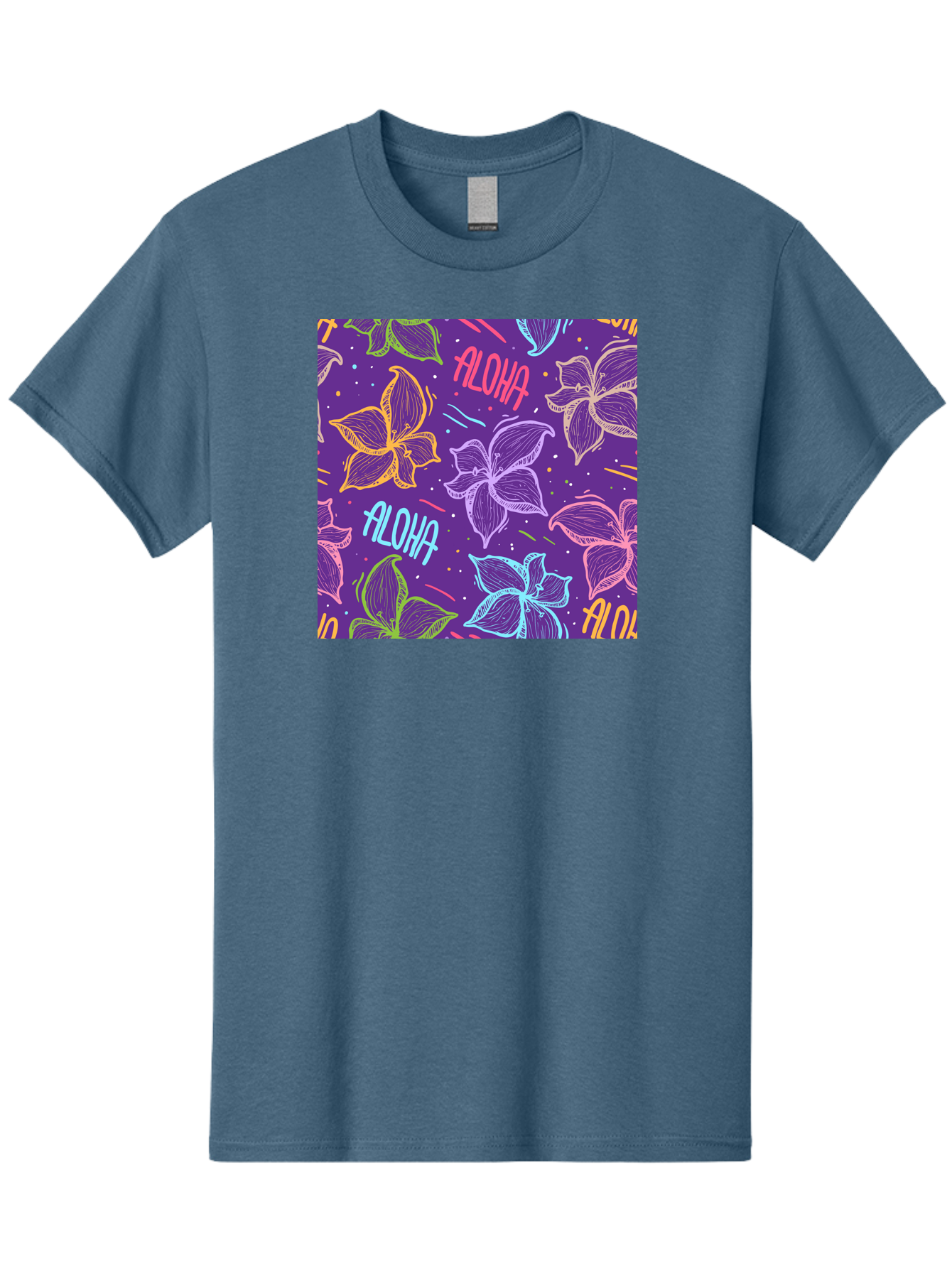 Aloha-Plumeria-Floral Men'S Graphic Tee, 100% Cotton, Comfortable Casual Summer Wear, Machine Washable, Plumeria Flowers, Tropical Flowers, Aloha Text, Colorful Graphics, Festive Design, Hawaiian Theme, Vibrant Colors, Playful Pattern, Aac376