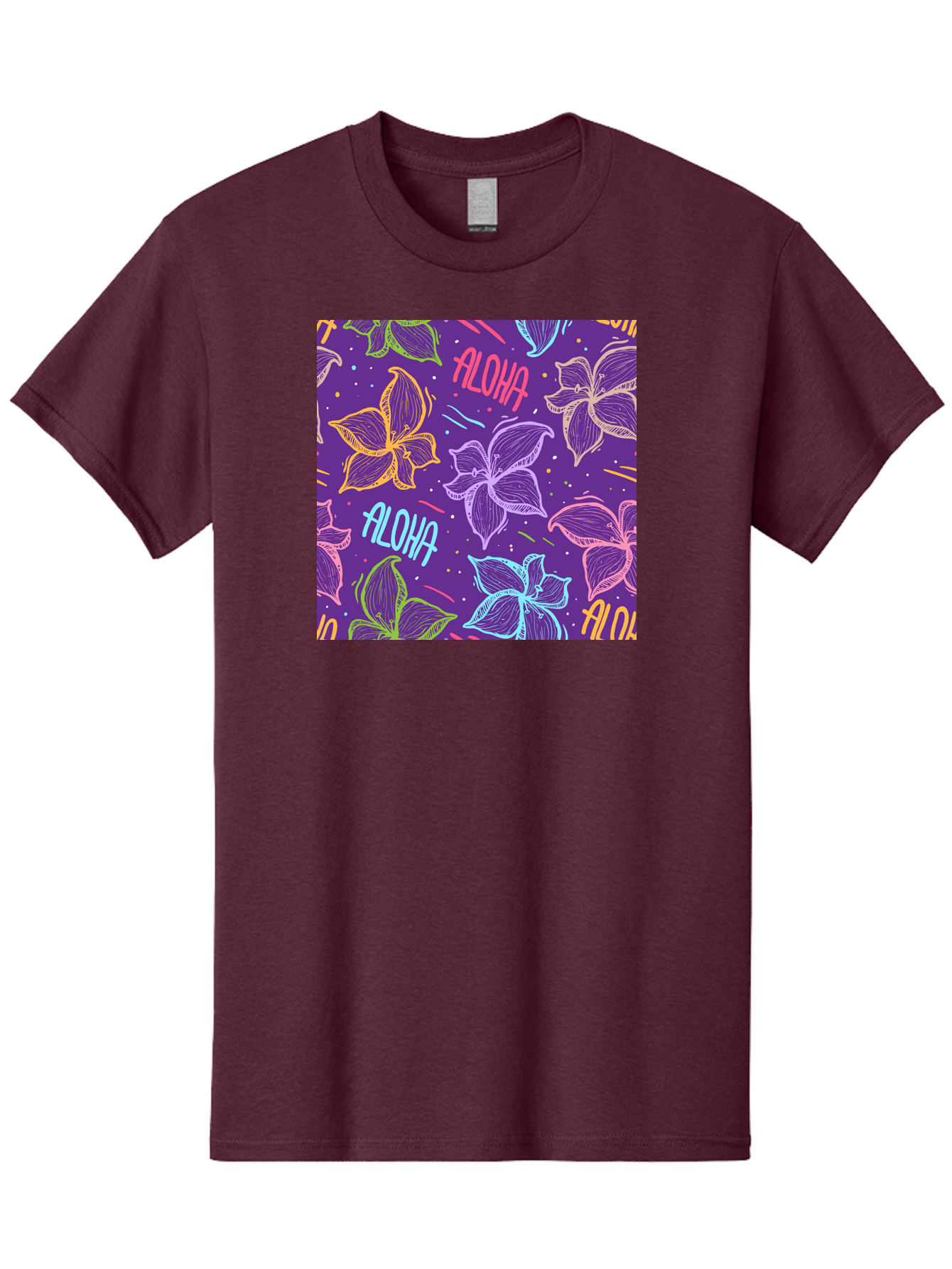 Aloha-Plumeria-Floral Men'S Graphic Tee, 100% Cotton, Comfortable Casual Summer Wear, Machine Washable, Plumeria Flowers, Tropical Flowers, Aloha Text, Colorful Graphics, Festive Design, Hawaiian Theme, Vibrant Colors, Playful Pattern, Aac376