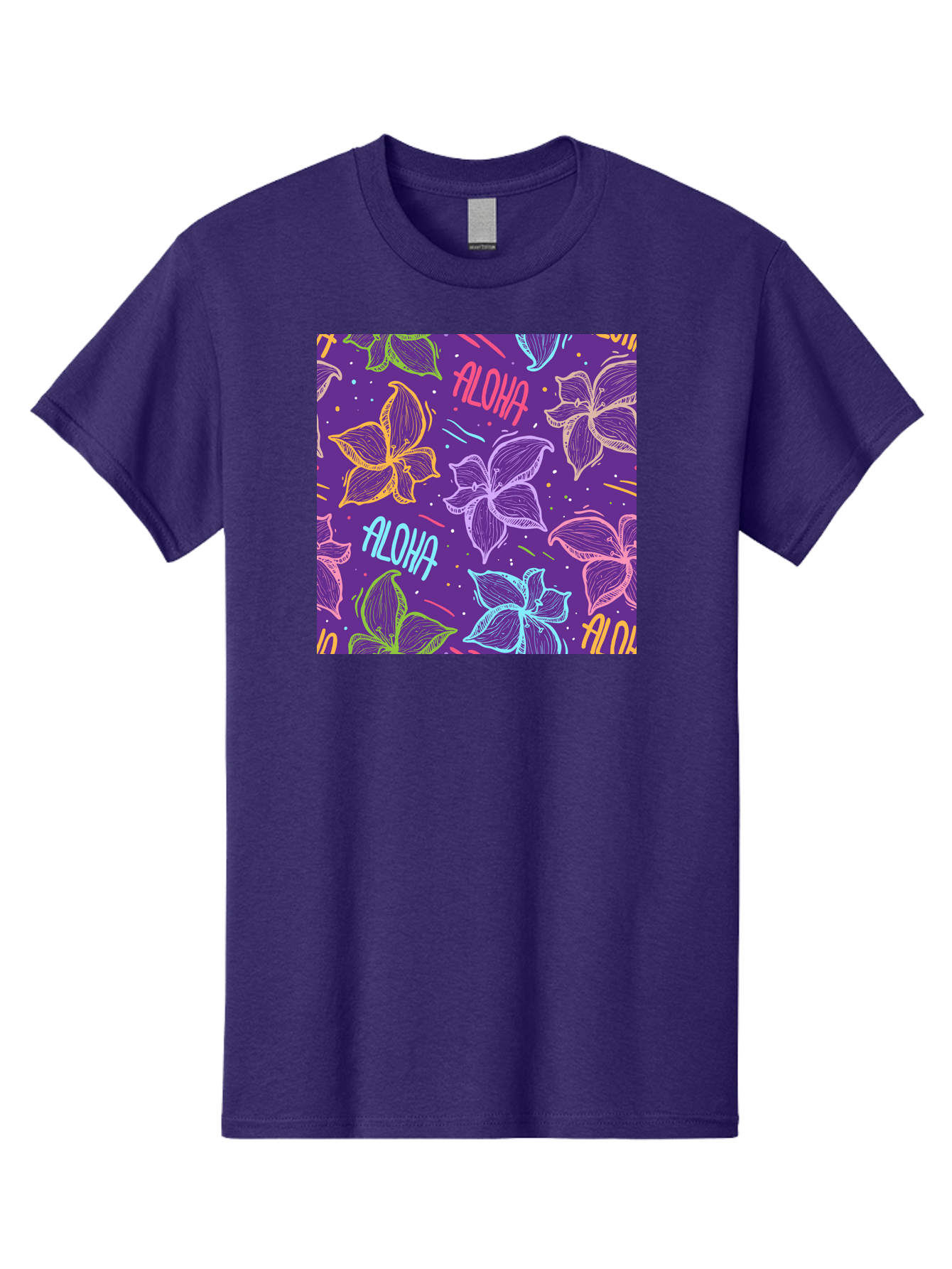 Aloha-Plumeria-Floral Men'S Graphic Tee, 100% Cotton, Comfortable Casual Summer Wear, Machine Washable, Plumeria Flowers, Tropical Flowers, Aloha Text, Colorful Graphics, Festive Design, Hawaiian Theme, Vibrant Colors, Playful Pattern, Aac376