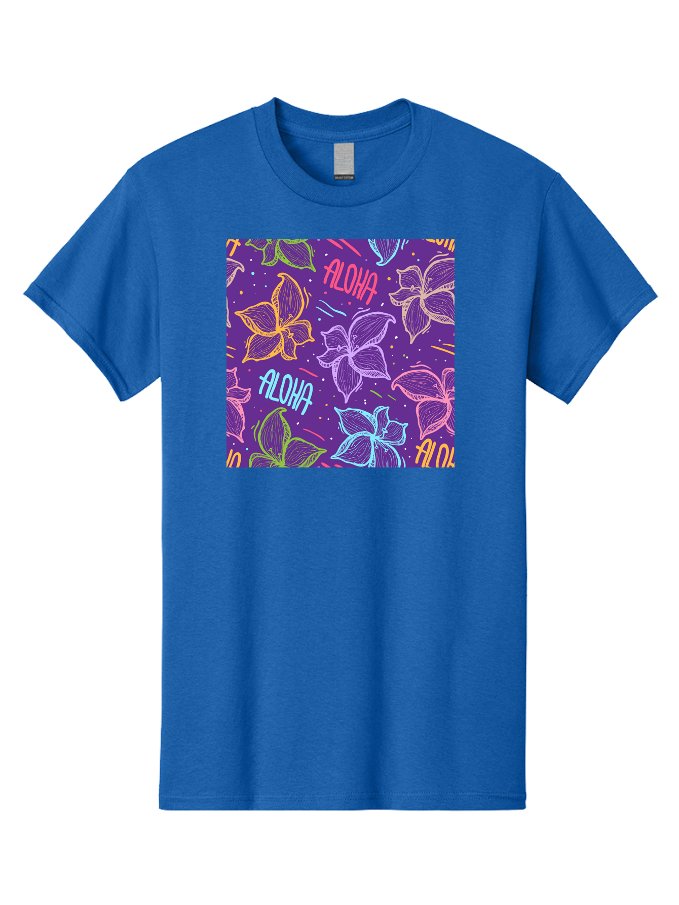 Aloha-Plumeria-Floral Men'S Graphic Tee, 100% Cotton, Comfortable Casual Summer Wear, Machine Washable, Plumeria Flowers, Tropical Flowers, Aloha Text, Colorful Graphics, Festive Design, Hawaiian Theme, Vibrant Colors, Playful Pattern, Aac376