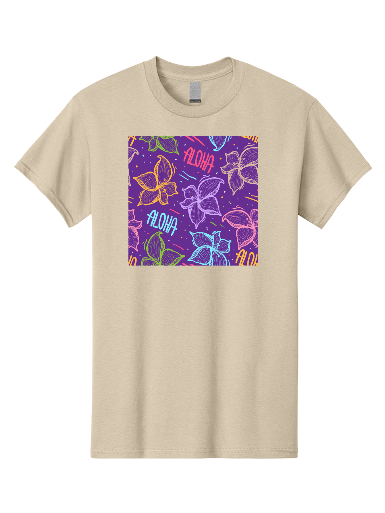 Aloha-Plumeria-Floral Men'S Graphic Tee, 100% Cotton, Comfortable Casual Summer Wear, Machine Washable, Plumeria Flowers, Tropical Flowers, Aloha Text, Colorful Graphics, Festive Design, Hawaiian Theme, Vibrant Colors, Playful Pattern, Aac376