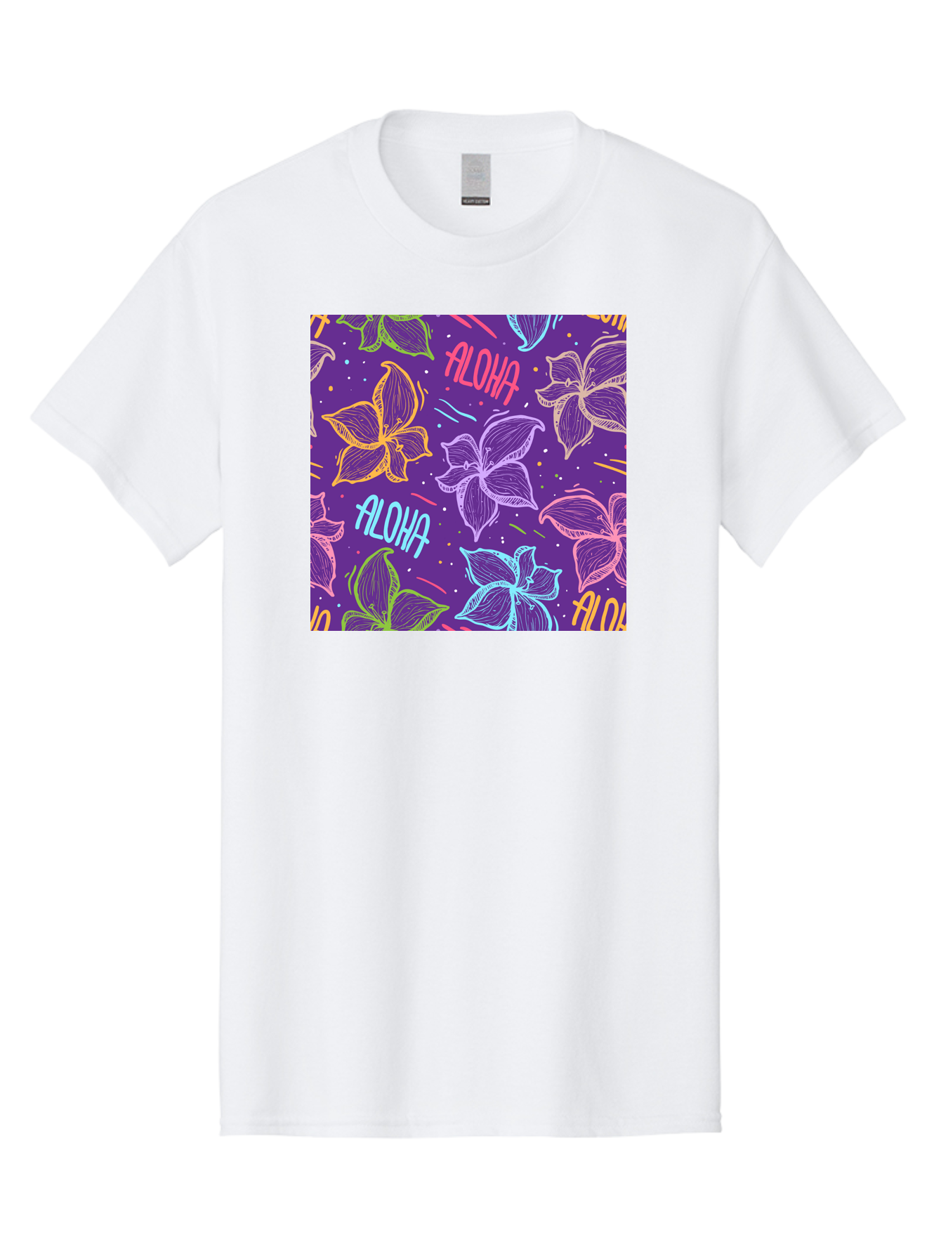 Aloha-Plumeria-Floral Men'S Graphic Tee, 100% Cotton, Comfortable Casual Summer Wear, Machine Washable, Plumeria Flowers, Tropical Flowers, Aloha Text, Colorful Graphics, Festive Design, Hawaiian Theme, Vibrant Colors, Playful Pattern, Aac376