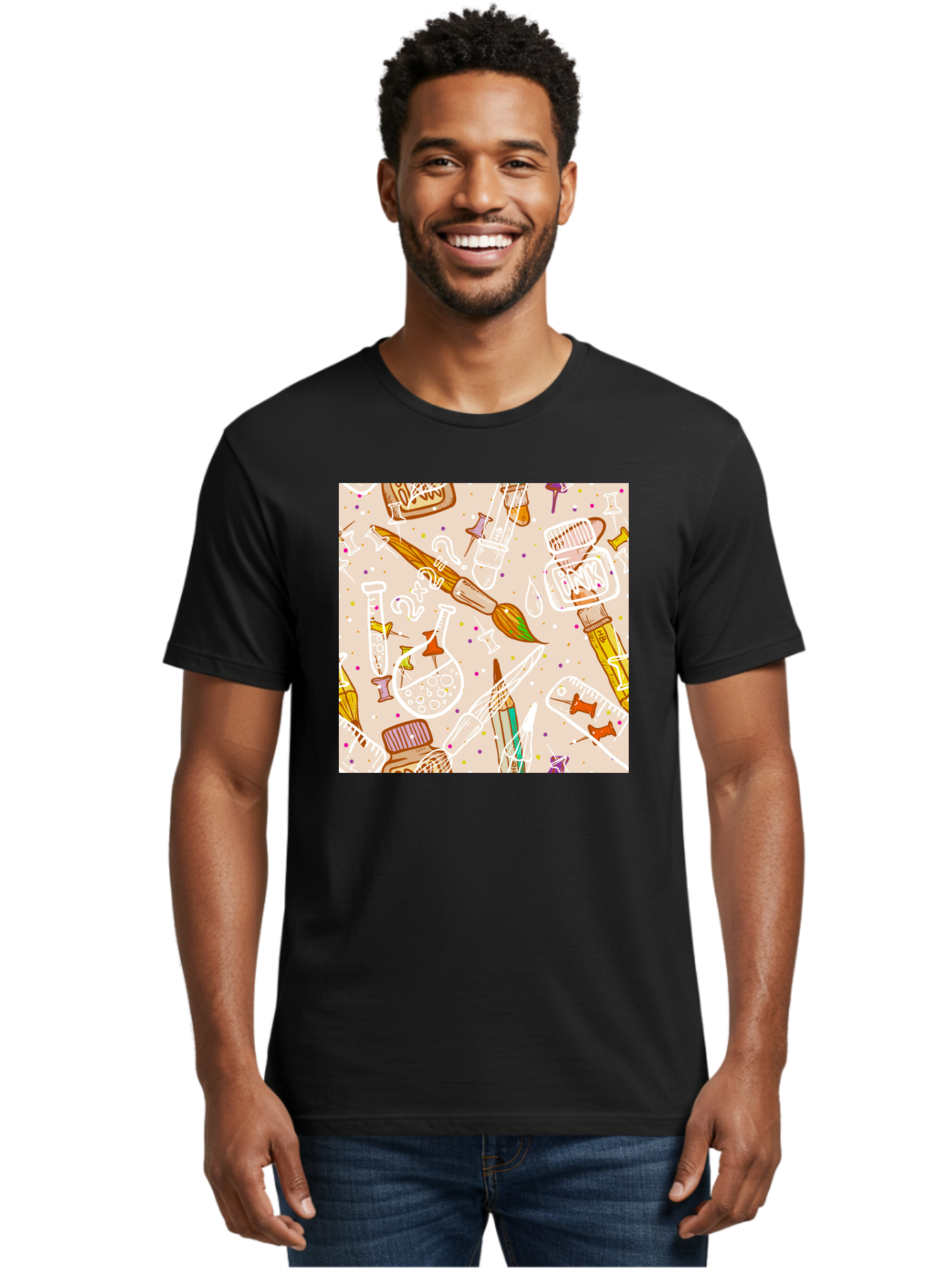 Art-And-Science Men'S Graphic Tee, 100% Cotton, Comfortable Casual Summer Wear, Machine Washable, Science And Art Supplies, Beakers, Test Tubes, Paintbrushes, Pencils, Creative Tools, Artistic Expression, Scientific Experimentation, Aac378