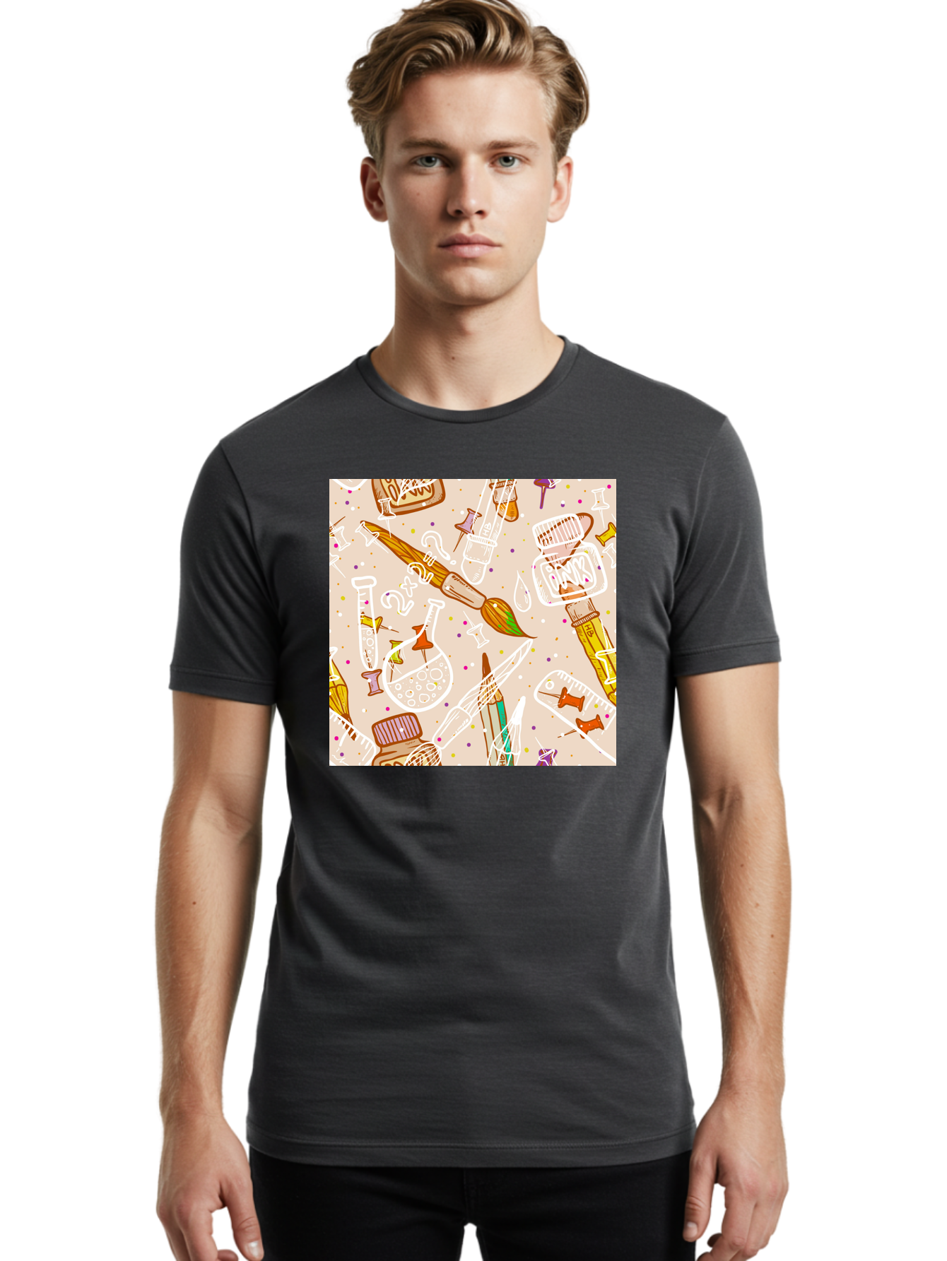 Art-And-Science Men'S Graphic Tee, 100% Cotton, Comfortable Casual Summer Wear, Machine Washable, Science And Art Supplies, Beakers, Test Tubes, Paintbrushes, Pencils, Creative Tools, Artistic Expression, Scientific Experimentation, Aac378