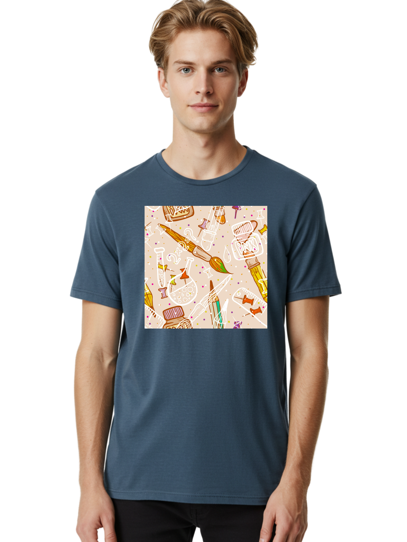 Art-And-Science Men'S Graphic Tee, 100% Cotton, Comfortable Casual Summer Wear, Machine Washable, Science And Art Supplies, Beakers, Test Tubes, Paintbrushes, Pencils, Creative Tools, Artistic Expression, Scientific Experimentation, Aac378