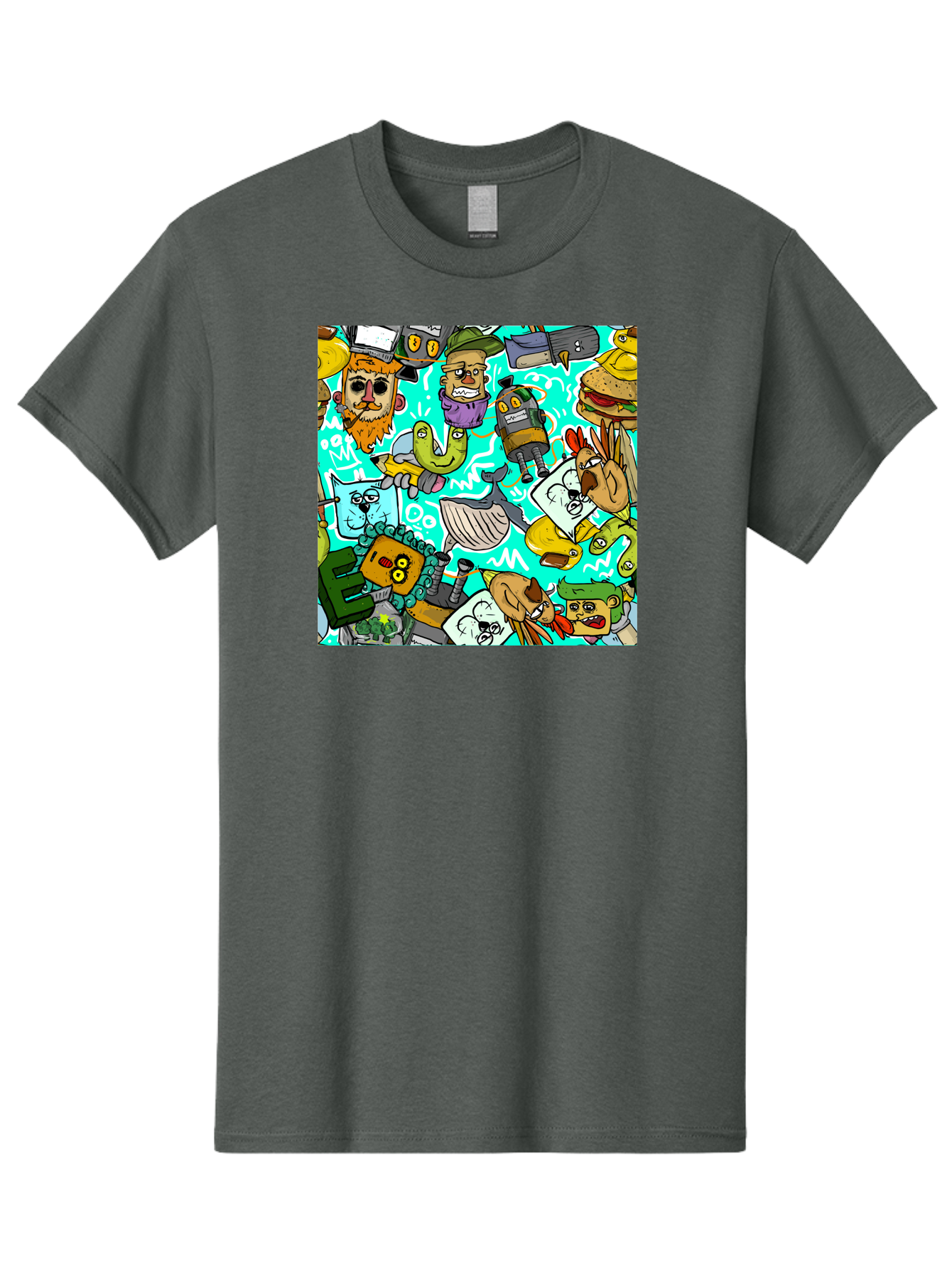 Cartoon-Characters Men'S Graphic Tee, 100% Cotton, Comfortable Casual Summer Wear, Machine Washable, Cartoon Robots, Doodle Art, Animal Characters, Quirky Illustrations, Robots And Animals Together, Digital Art, Eclectic, Creative, Aac380