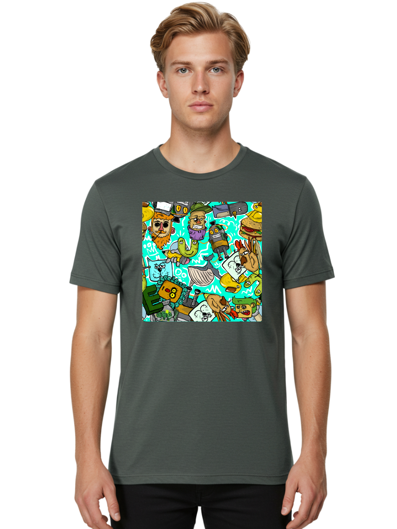 Cartoon-Characters Men'S Graphic Tee, 100% Cotton, Comfortable Casual Summer Wear, Machine Washable, Cartoon Robots, Doodle Art, Animal Characters, Quirky Illustrations, Robots And Animals Together, Digital Art, Eclectic, Creative, Aac380