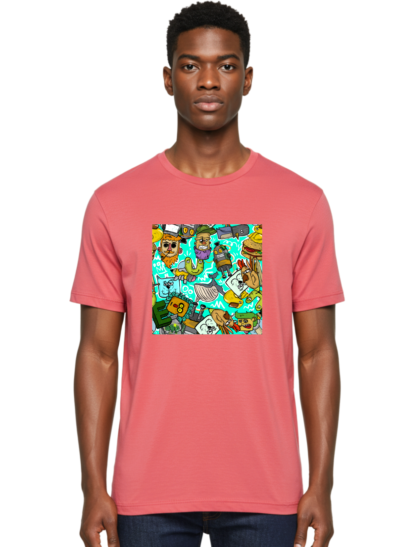 Cartoon-Characters Men'S Graphic Tee, 100% Cotton, Comfortable Casual Summer Wear, Machine Washable, Cartoon Robots, Doodle Art, Animal Characters, Quirky Illustrations, Robots And Animals Together, Digital Art, Eclectic, Creative, Aac380