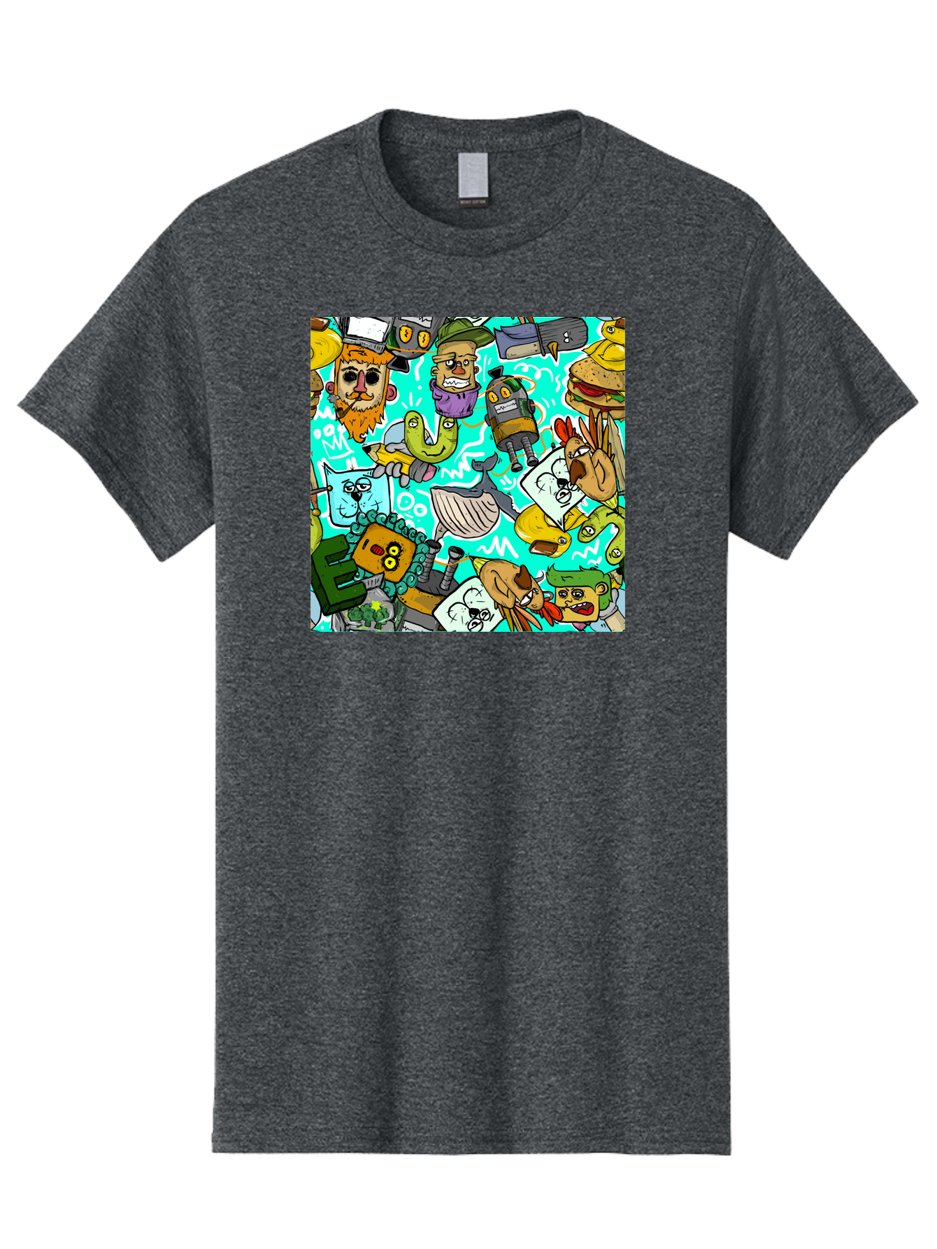 Cartoon-Characters Men'S Graphic Tee, 100% Cotton, Comfortable Casual Summer Wear, Machine Washable, Cartoon Robots, Doodle Art, Animal Characters, Quirky Illustrations, Robots And Animals Together, Digital Art, Eclectic, Creative, Aac380