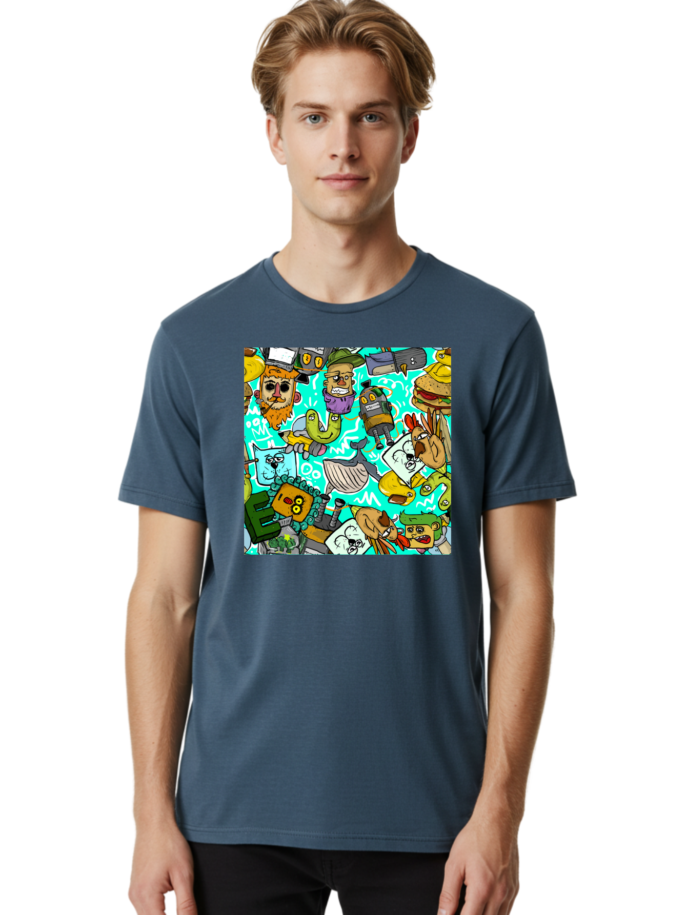 Cartoon-Characters Men'S Graphic Tee, 100% Cotton, Comfortable Casual Summer Wear, Machine Washable, Cartoon Robots, Doodle Art, Animal Characters, Quirky Illustrations, Robots And Animals Together, Digital Art, Eclectic, Creative, Aac380