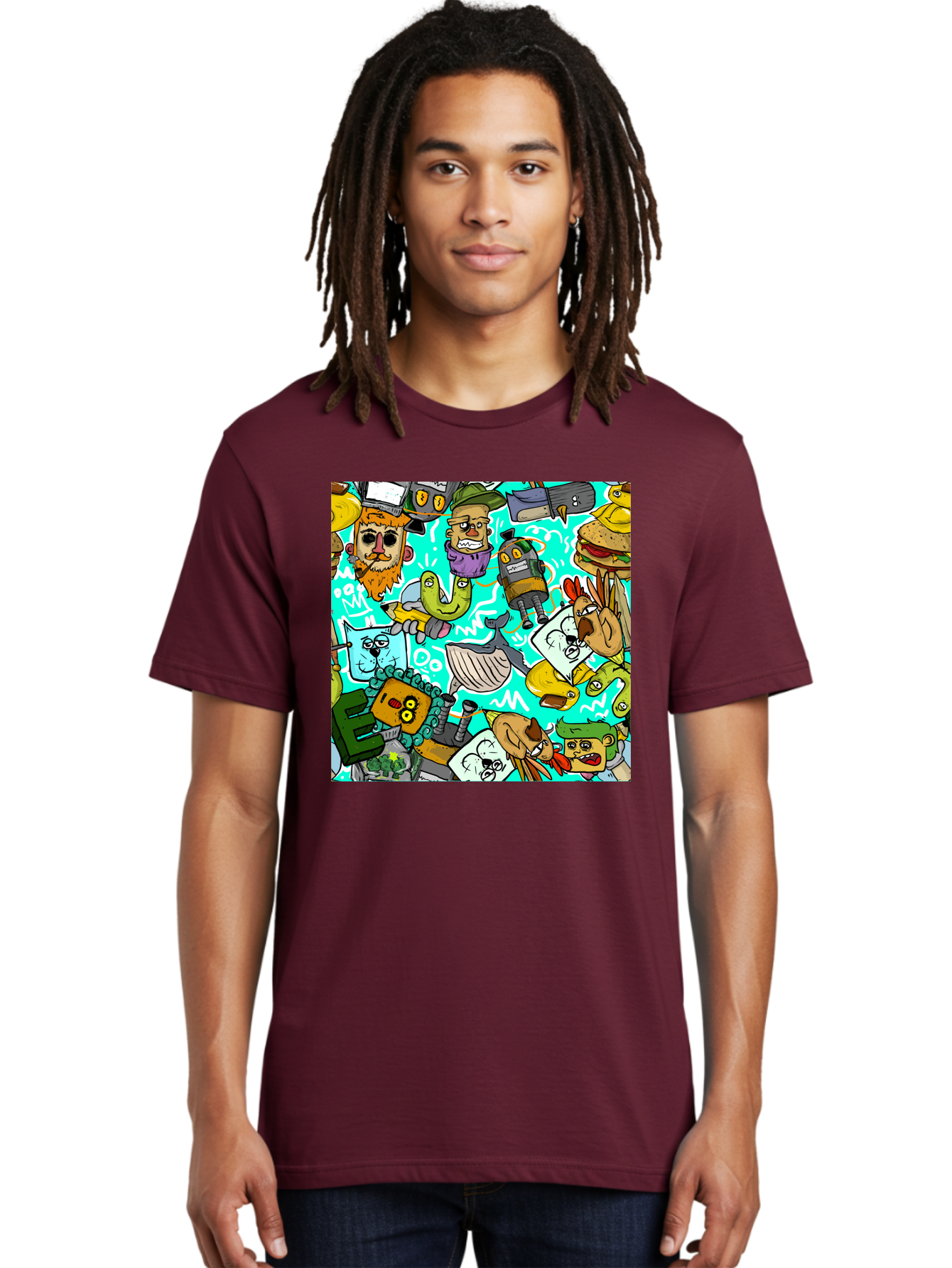 Cartoon-Characters Men'S Graphic Tee, 100% Cotton, Comfortable Casual Summer Wear, Machine Washable, Cartoon Robots, Doodle Art, Animal Characters, Quirky Illustrations, Robots And Animals Together, Digital Art, Eclectic, Creative, Aac380