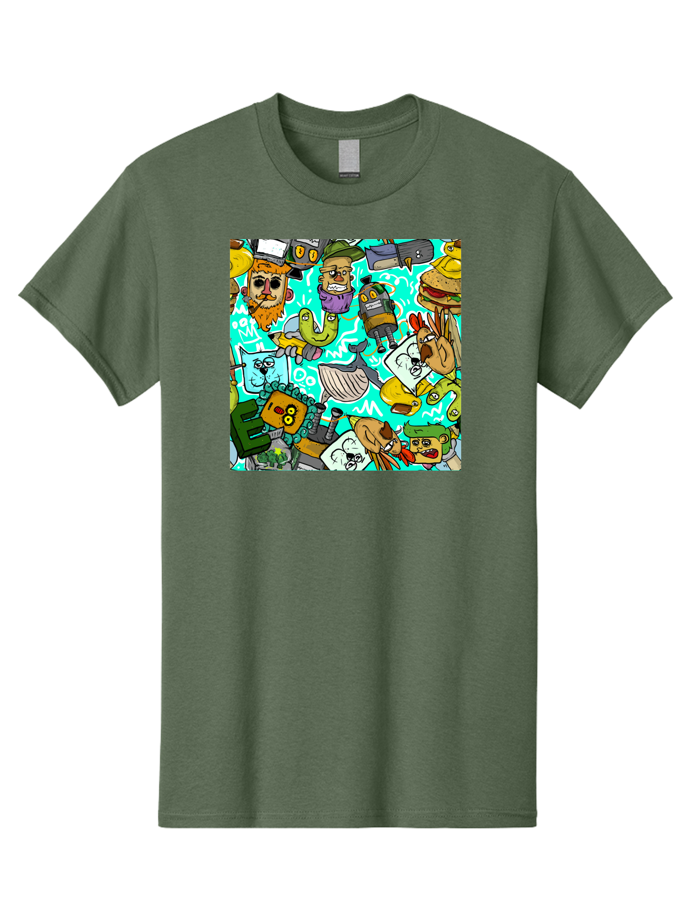 Cartoon-Characters Men'S Graphic Tee, 100% Cotton, Comfortable Casual Summer Wear, Machine Washable, Cartoon Robots, Doodle Art, Animal Characters, Quirky Illustrations, Robots And Animals Together, Digital Art, Eclectic, Creative, Aac380