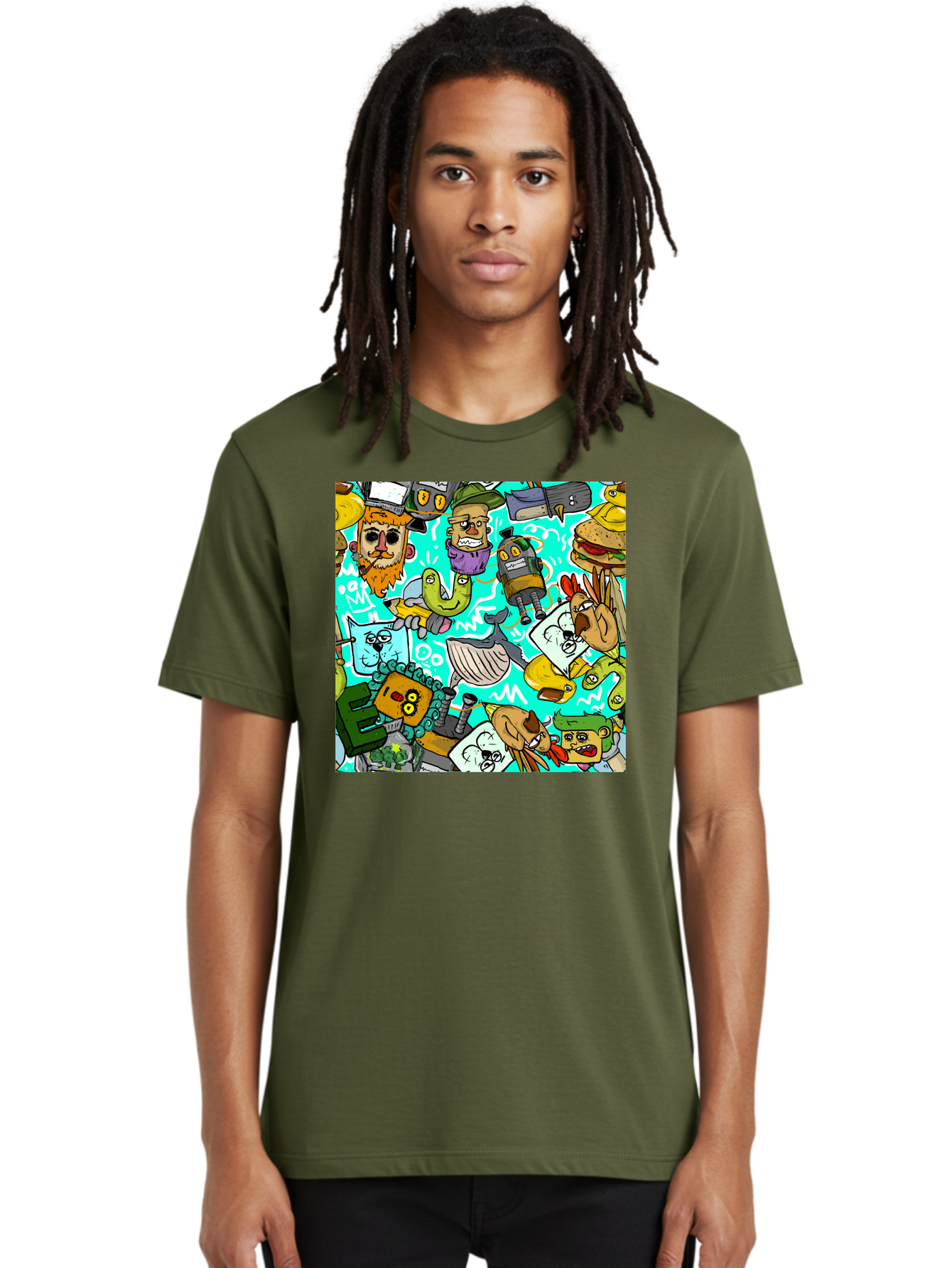 Cartoon-Characters Men'S Graphic Tee, 100% Cotton, Comfortable Casual Summer Wear, Machine Washable, Cartoon Robots, Doodle Art, Animal Characters, Quirky Illustrations, Robots And Animals Together, Digital Art, Eclectic, Creative, Aac380