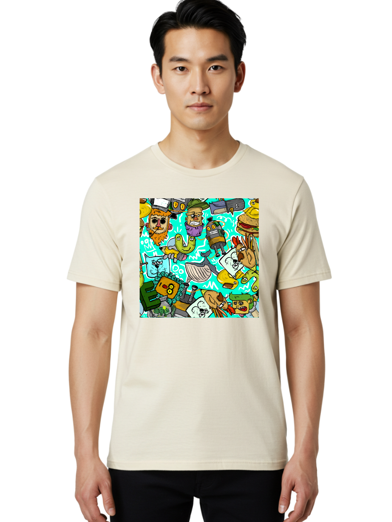 Cartoon-Characters Men'S Graphic Tee, 100% Cotton, Comfortable Casual Summer Wear, Machine Washable, Cartoon Robots, Doodle Art, Animal Characters, Quirky Illustrations, Robots And Animals Together, Digital Art, Eclectic, Creative, Aac380