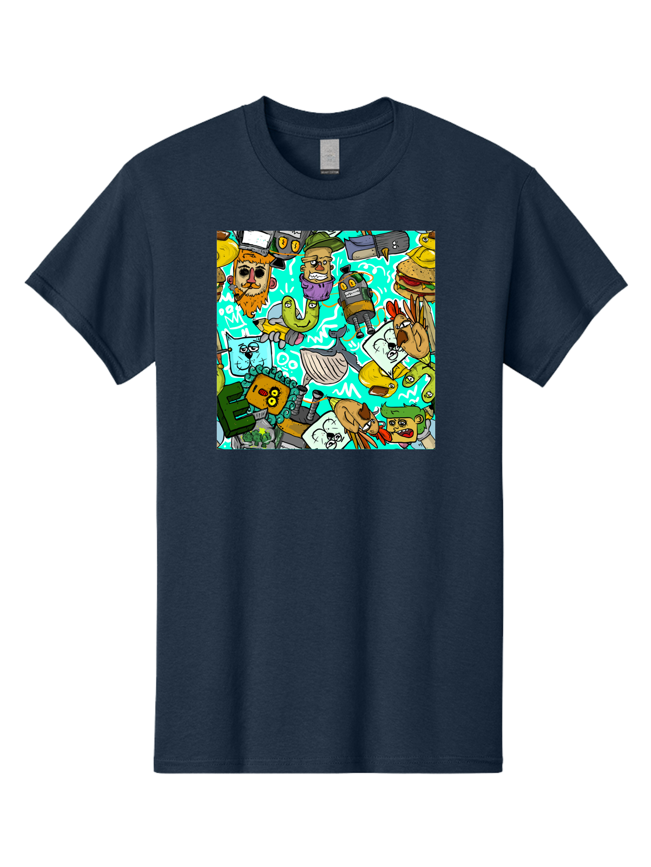 Cartoon-Characters Men'S Graphic Tee, 100% Cotton, Comfortable Casual Summer Wear, Machine Washable, Cartoon Robots, Doodle Art, Animal Characters, Quirky Illustrations, Robots And Animals Together, Digital Art, Eclectic, Creative, Aac380