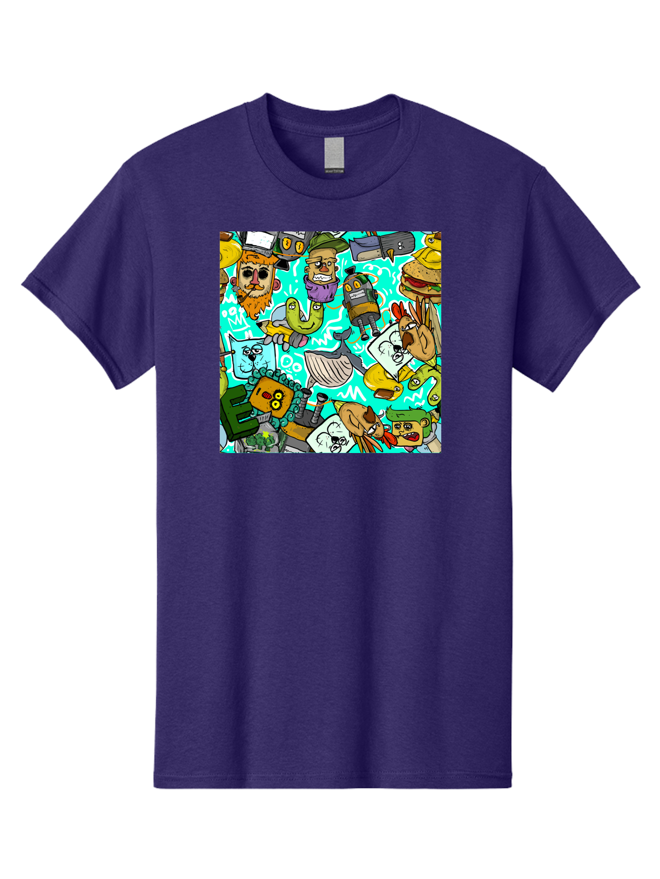 Cartoon-Characters Men'S Graphic Tee, 100% Cotton, Comfortable Casual Summer Wear, Machine Washable, Cartoon Robots, Doodle Art, Animal Characters, Quirky Illustrations, Robots And Animals Together, Digital Art, Eclectic, Creative, Aac380