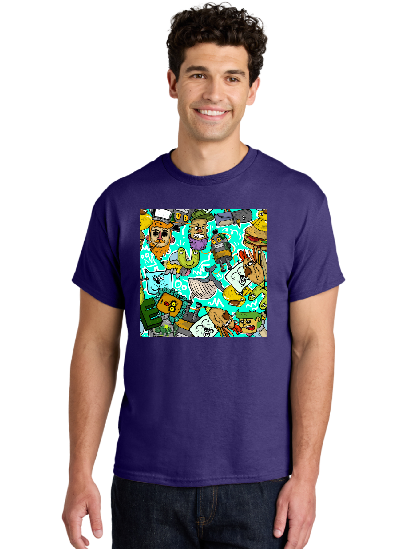 Cartoon-Characters Men'S Graphic Tee, 100% Cotton, Comfortable Casual Summer Wear, Machine Washable, Cartoon Robots, Doodle Art, Animal Characters, Quirky Illustrations, Robots And Animals Together, Digital Art, Eclectic, Creative, Aac380