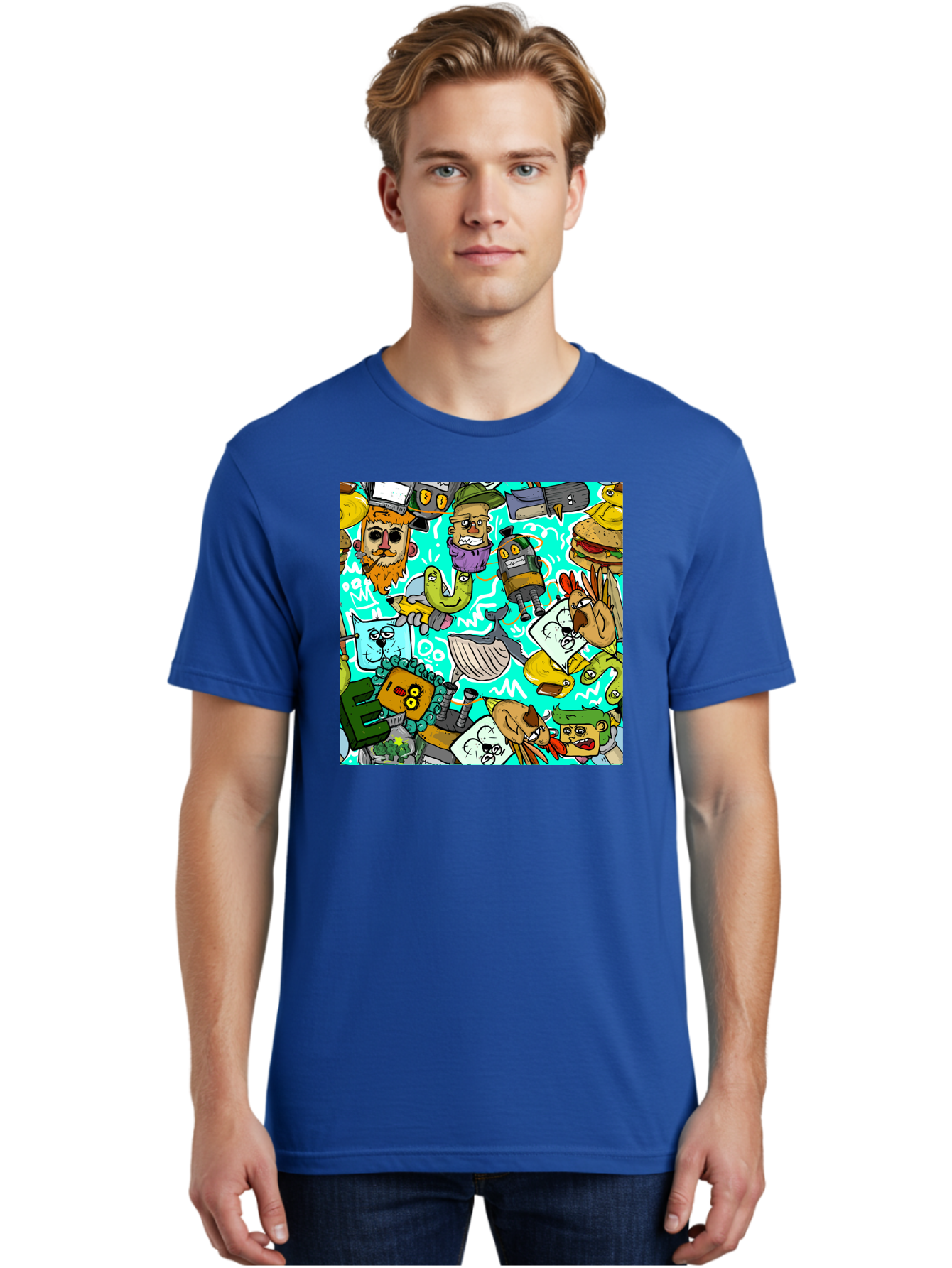 Cartoon-Characters Men'S Graphic Tee, 100% Cotton, Comfortable Casual Summer Wear, Machine Washable, Cartoon Robots, Doodle Art, Animal Characters, Quirky Illustrations, Robots And Animals Together, Digital Art, Eclectic, Creative, Aac380