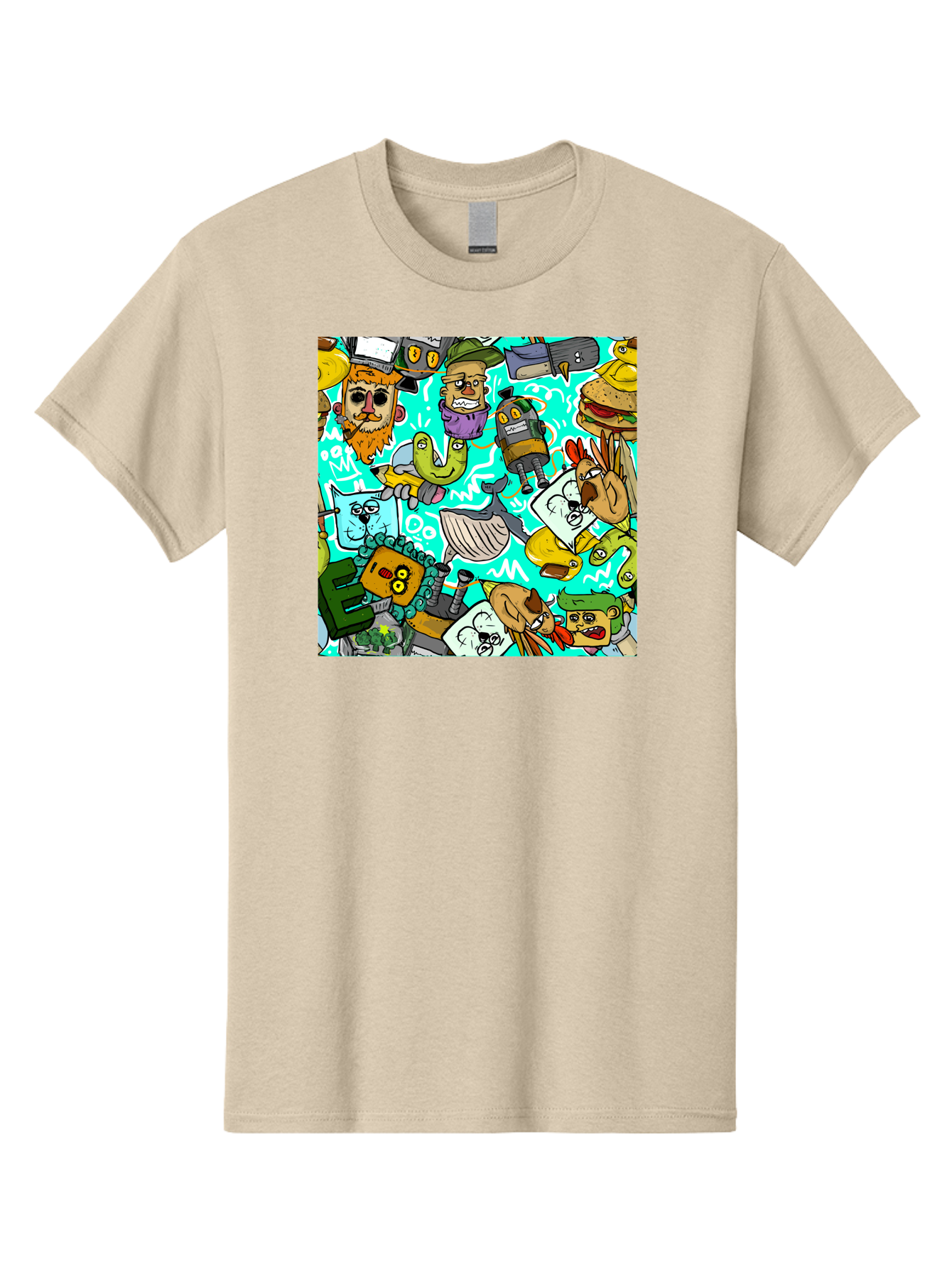 Cartoon-Characters Men'S Graphic Tee, 100% Cotton, Comfortable Casual Summer Wear, Machine Washable, Cartoon Robots, Doodle Art, Animal Characters, Quirky Illustrations, Robots And Animals Together, Digital Art, Eclectic, Creative, Aac380