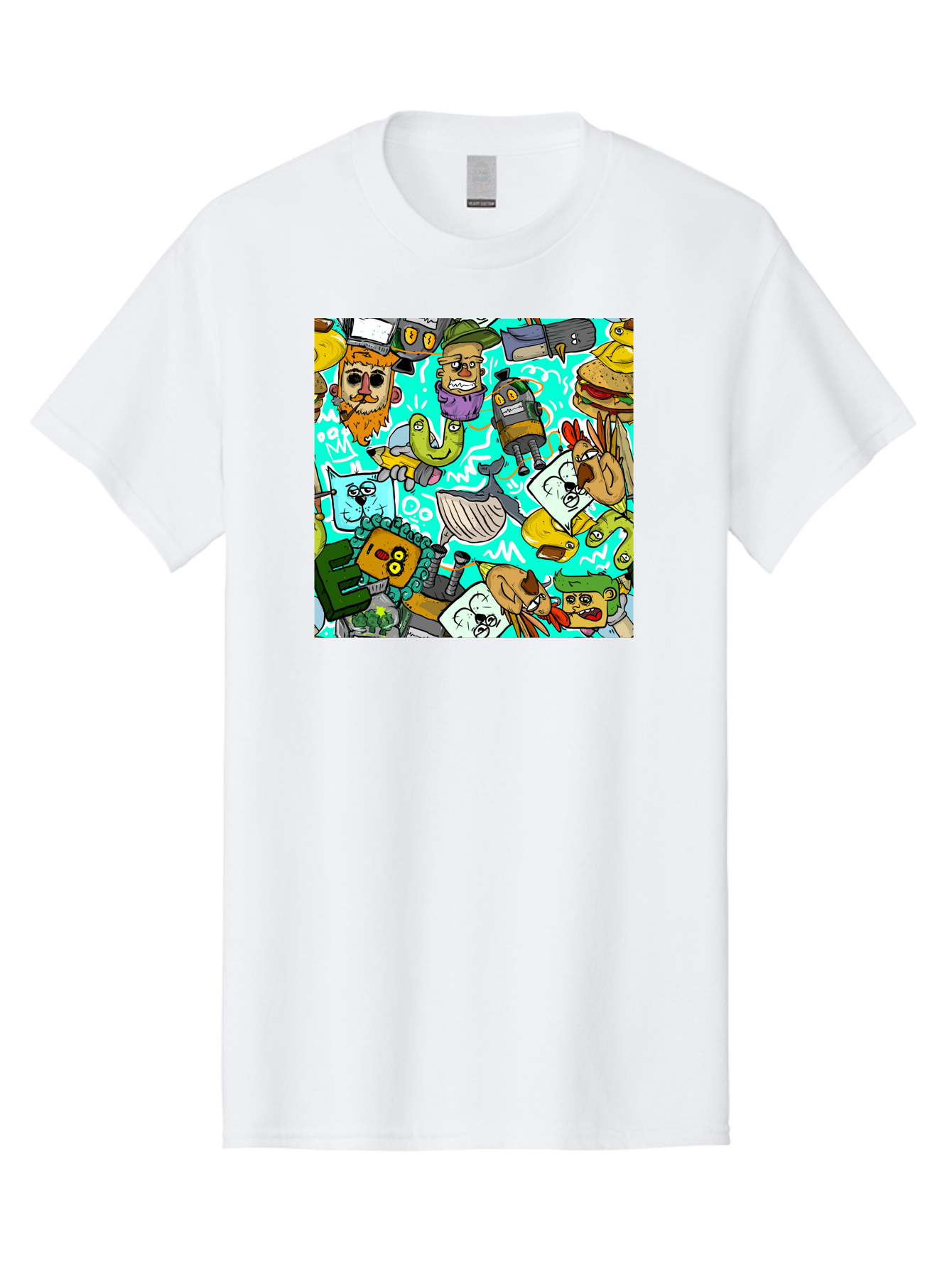 Cartoon-Characters Men'S Graphic Tee, 100% Cotton, Comfortable Casual Summer Wear, Machine Washable, Cartoon Robots, Doodle Art, Animal Characters, Quirky Illustrations, Robots And Animals Together, Digital Art, Eclectic, Creative, Aac380