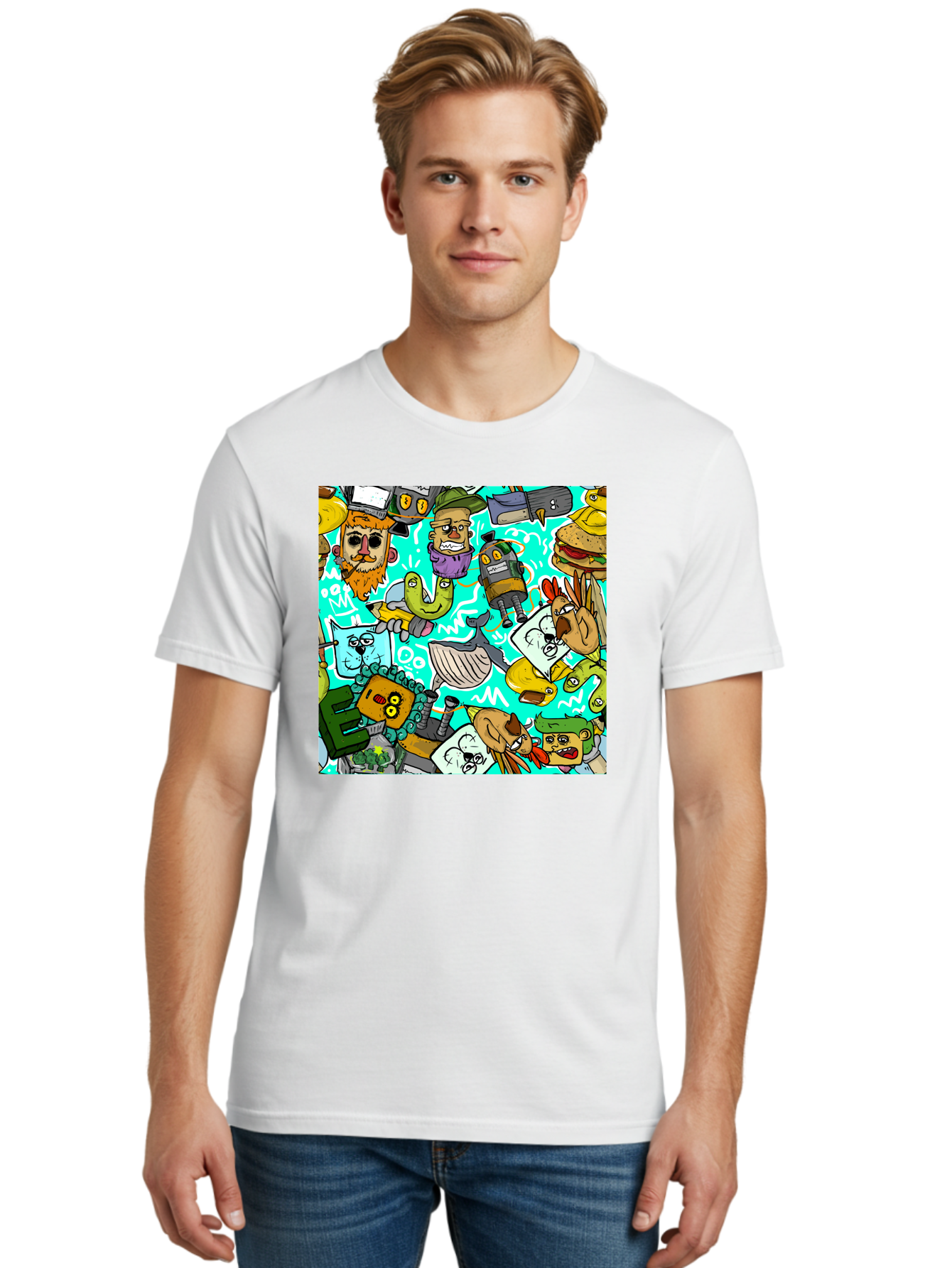 Cartoon-Characters Men'S Graphic Tee, 100% Cotton, Comfortable Casual Summer Wear, Machine Washable, Cartoon Robots, Doodle Art, Animal Characters, Quirky Illustrations, Robots And Animals Together, Digital Art, Eclectic, Creative, Aac380