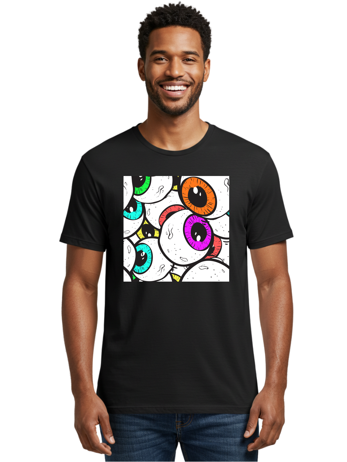 Cartoon-Eyes Men'S Graphic Tee, 100% Cotton, Comfortable Casual Summer Wear, Machine Washable, Cartoon Eyes, Vibrant Colors, Colorful Irises, Eyeballs, Illustration Art, Quirky Design, Playful Graphics, Eye-Catching Visuals, Modern Graphics, Aac381