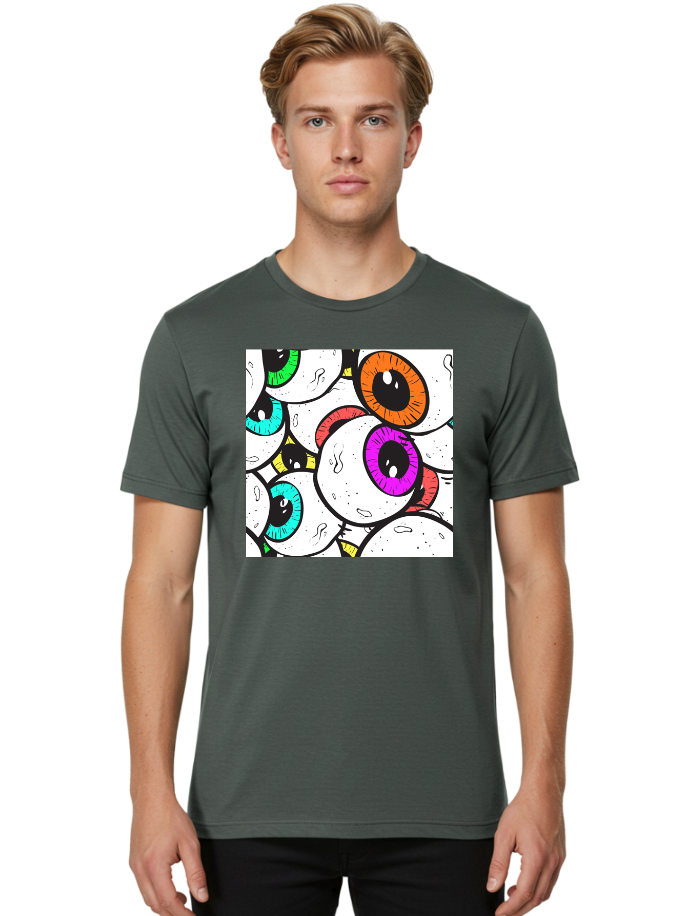 Cartoon-Eyes Men'S Graphic Tee, 100% Cotton, Comfortable Casual Summer Wear, Machine Washable, Cartoon Eyes, Vibrant Colors, Colorful Irises, Eyeballs, Illustration Art, Quirky Design, Playful Graphics, Eye-Catching Visuals, Modern Graphics, Aac381