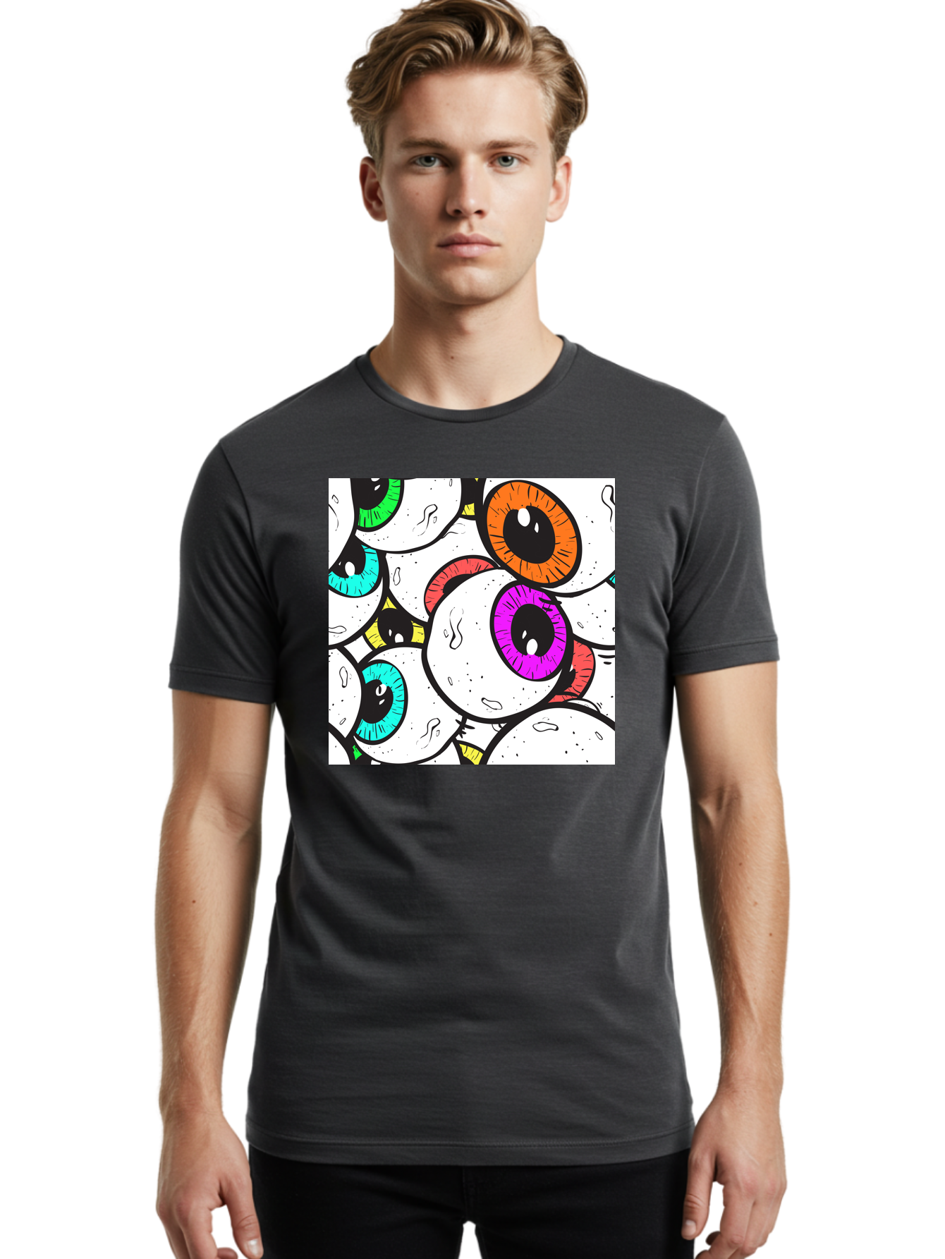 Cartoon-Eyes Men'S Graphic Tee, 100% Cotton, Comfortable Casual Summer Wear, Machine Washable, Cartoon Eyes, Vibrant Colors, Colorful Irises, Eyeballs, Illustration Art, Quirky Design, Playful Graphics, Eye-Catching Visuals, Modern Graphics, Aac381