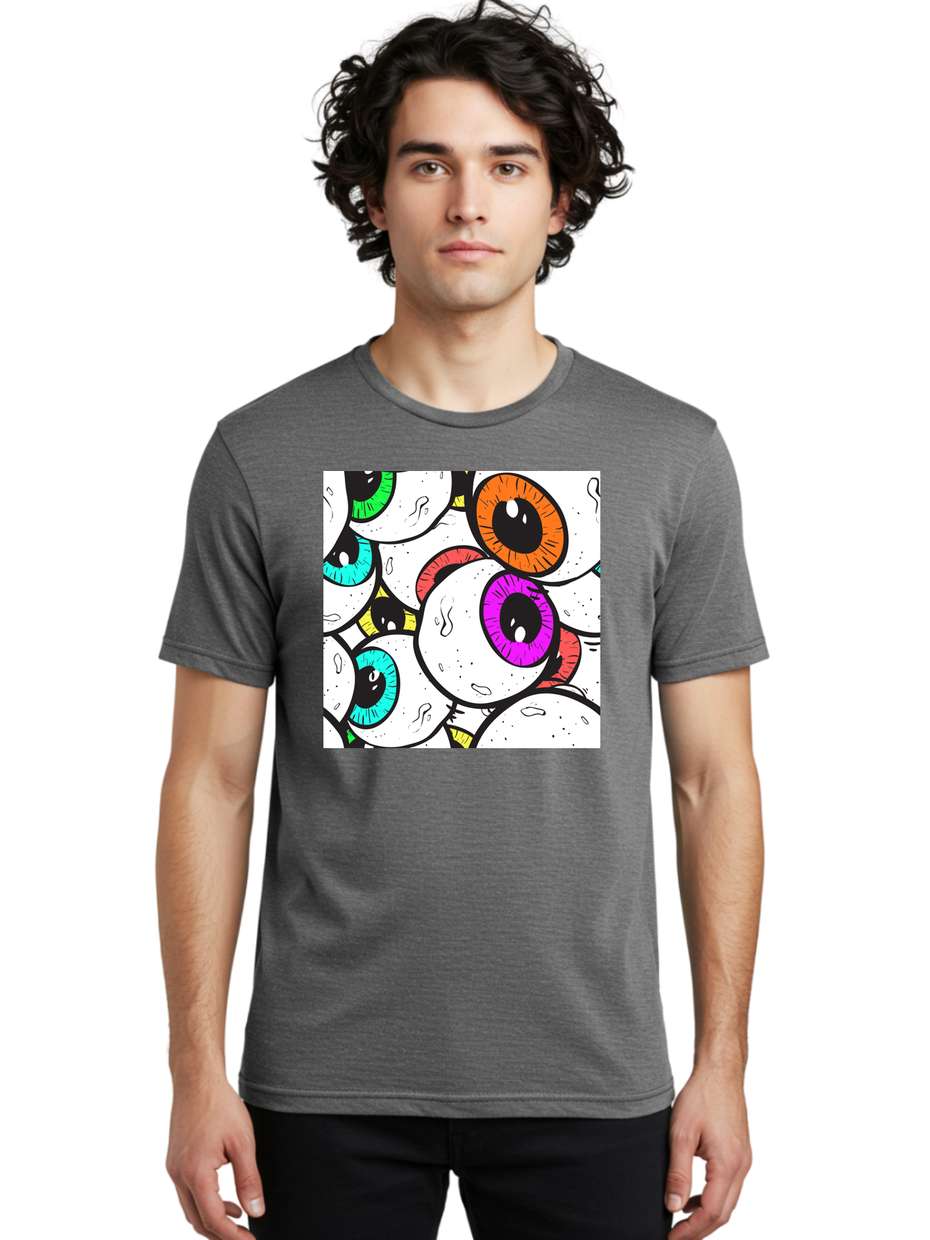 Cartoon-Eyes Men'S Graphic Tee, 100% Cotton, Comfortable Casual Summer Wear, Machine Washable, Cartoon Eyes, Vibrant Colors, Colorful Irises, Eyeballs, Illustration Art, Quirky Design, Playful Graphics, Eye-Catching Visuals, Modern Graphics, Aac381