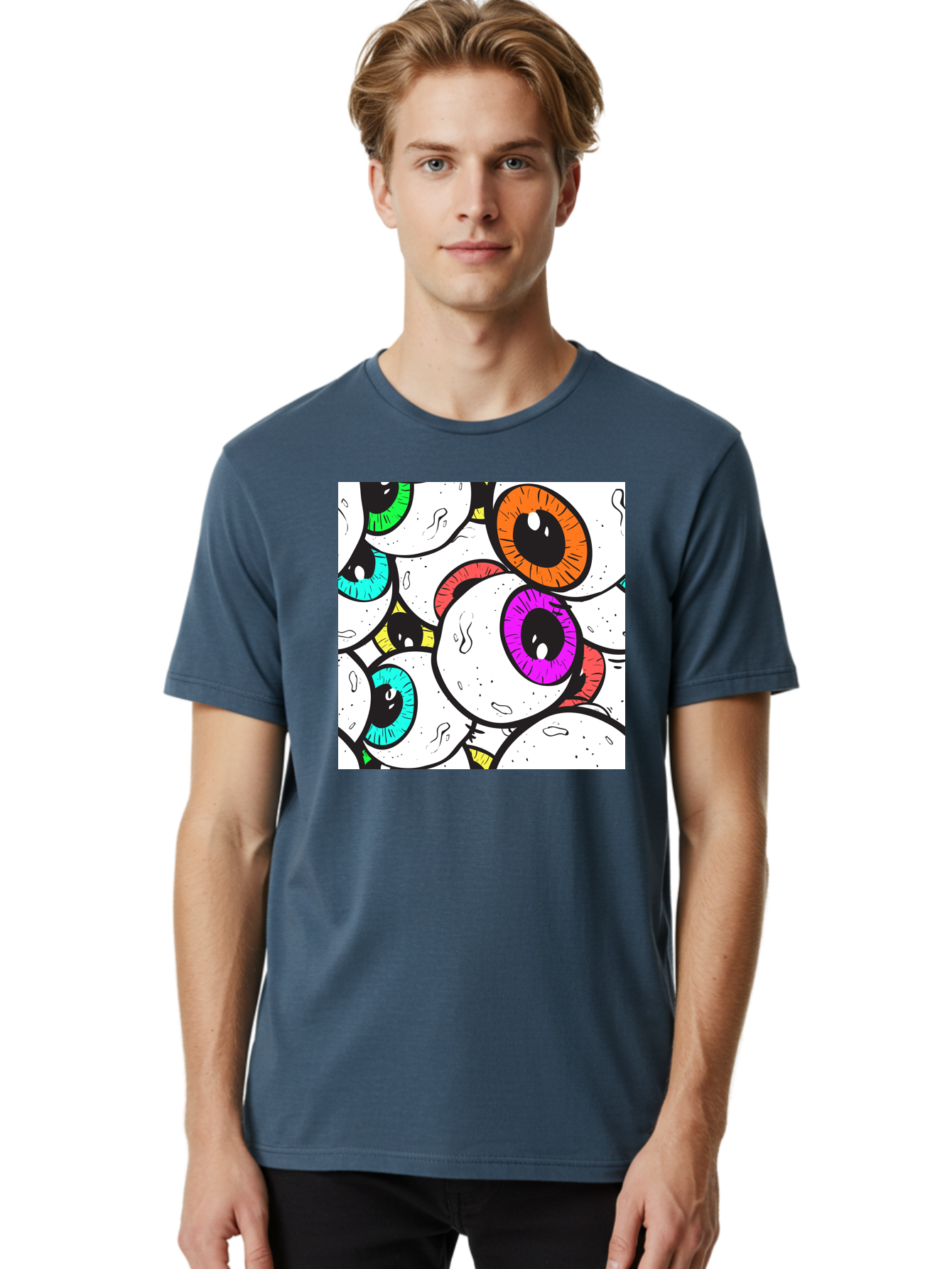 Cartoon-Eyes Men'S Graphic Tee, 100% Cotton, Comfortable Casual Summer Wear, Machine Washable, Cartoon Eyes, Vibrant Colors, Colorful Irises, Eyeballs, Illustration Art, Quirky Design, Playful Graphics, Eye-Catching Visuals, Modern Graphics, Aac381