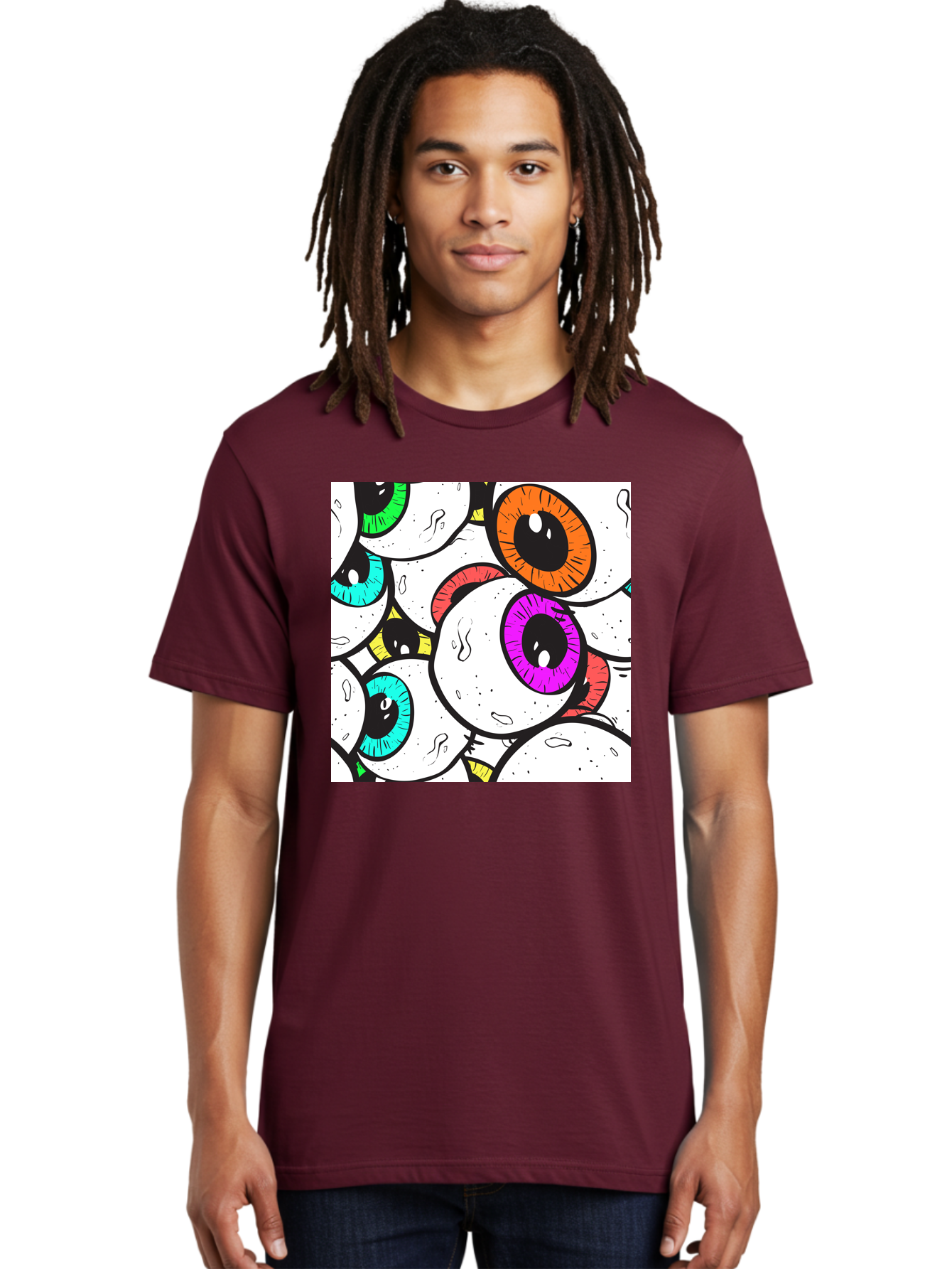 Cartoon-Eyes Men'S Graphic Tee, 100% Cotton, Comfortable Casual Summer Wear, Machine Washable, Cartoon Eyes, Vibrant Colors, Colorful Irises, Eyeballs, Illustration Art, Quirky Design, Playful Graphics, Eye-Catching Visuals, Modern Graphics, Aac381