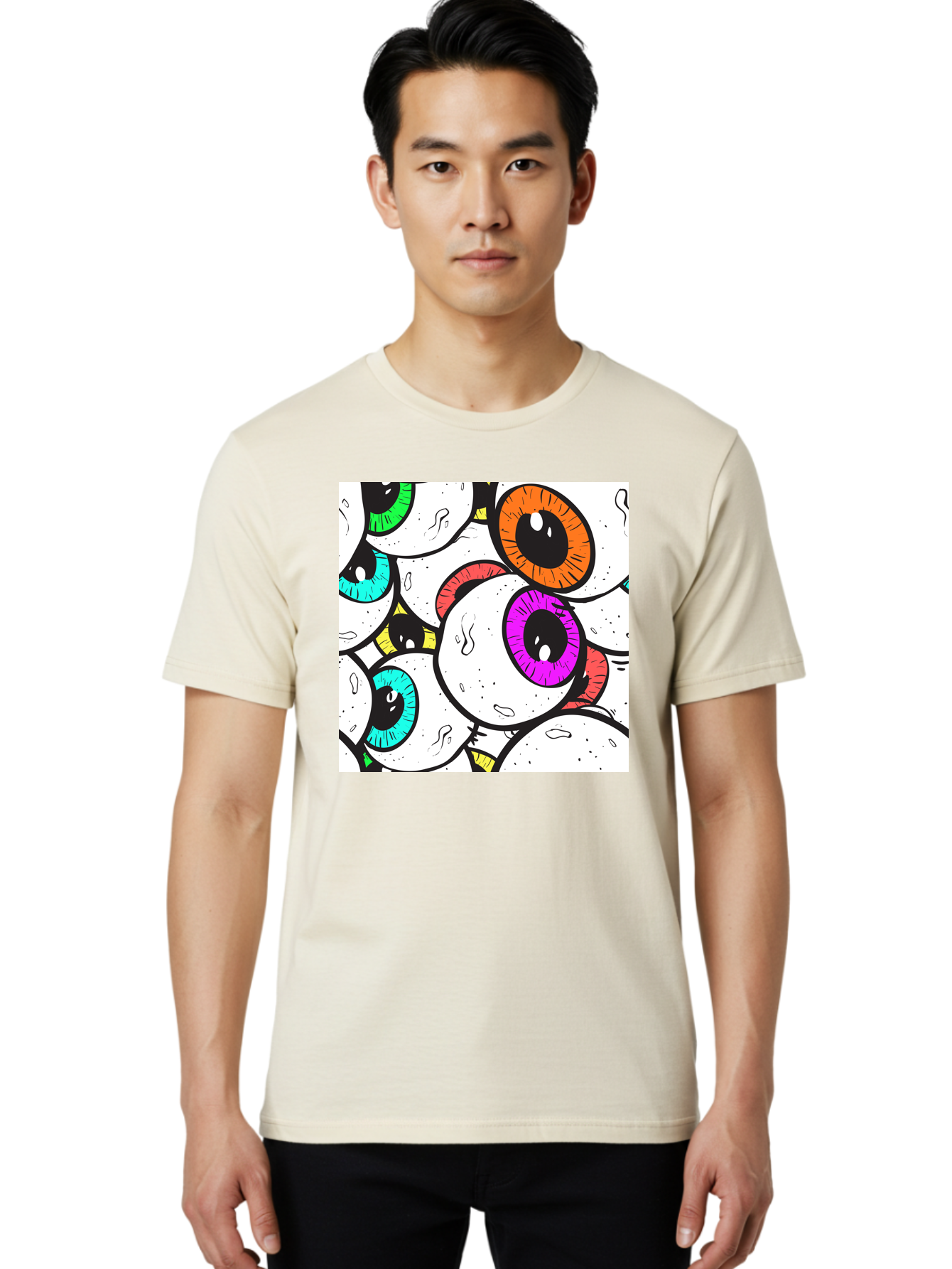 Cartoon-Eyes Men'S Graphic Tee, 100% Cotton, Comfortable Casual Summer Wear, Machine Washable, Cartoon Eyes, Vibrant Colors, Colorful Irises, Eyeballs, Illustration Art, Quirky Design, Playful Graphics, Eye-Catching Visuals, Modern Graphics, Aac381