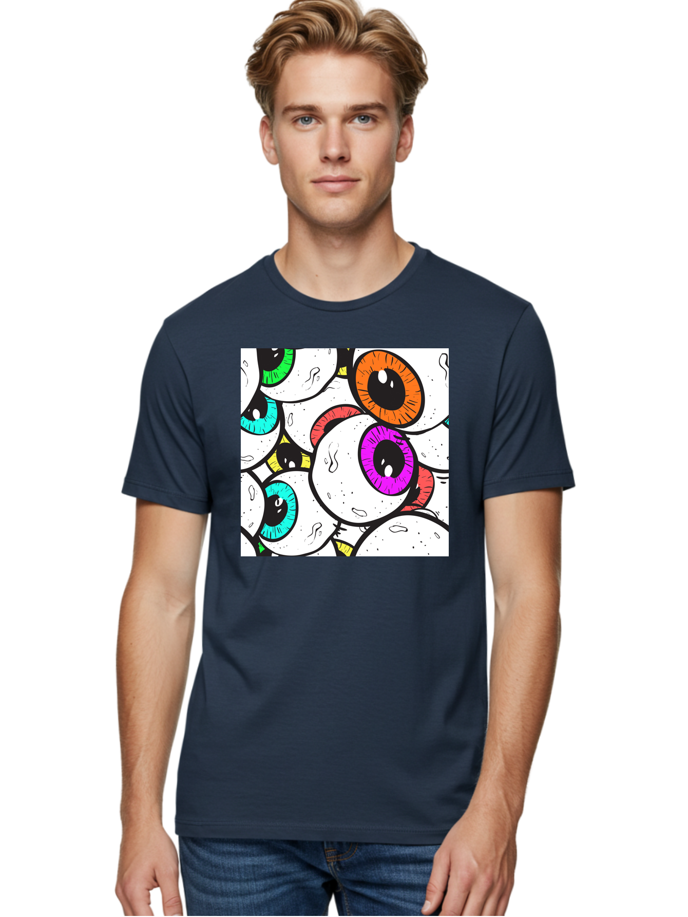 Cartoon-Eyes Men'S Graphic Tee, 100% Cotton, Comfortable Casual Summer Wear, Machine Washable, Cartoon Eyes, Vibrant Colors, Colorful Irises, Eyeballs, Illustration Art, Quirky Design, Playful Graphics, Eye-Catching Visuals, Modern Graphics, Aac381